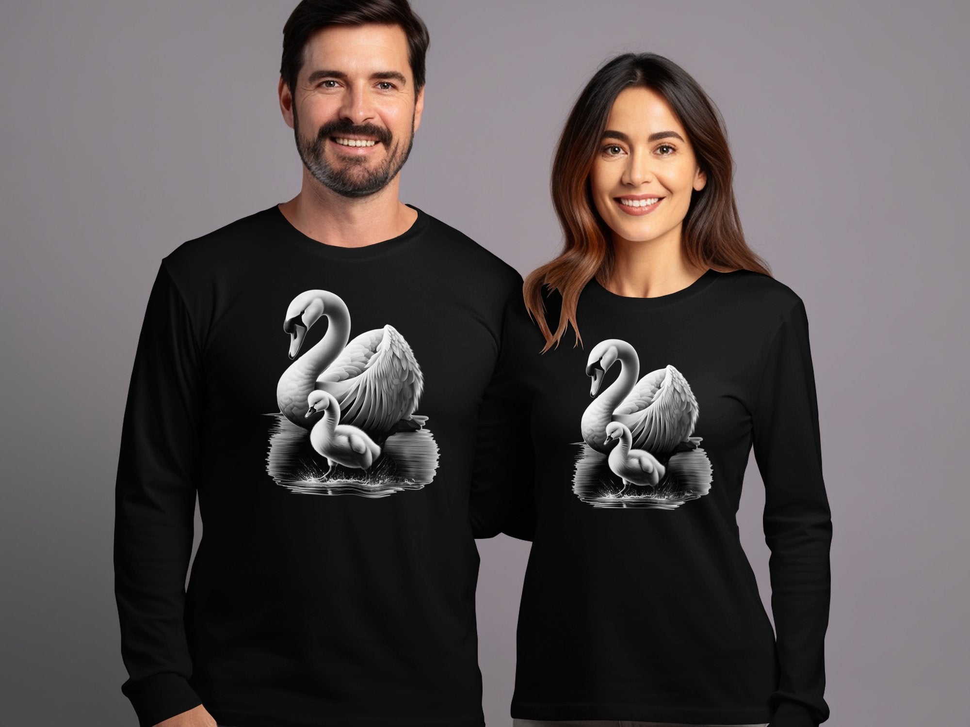 Swan & Cygnet- Black White Gildan Long Sleeve Realistic Family Talisman Unisex Tee Graphic Design