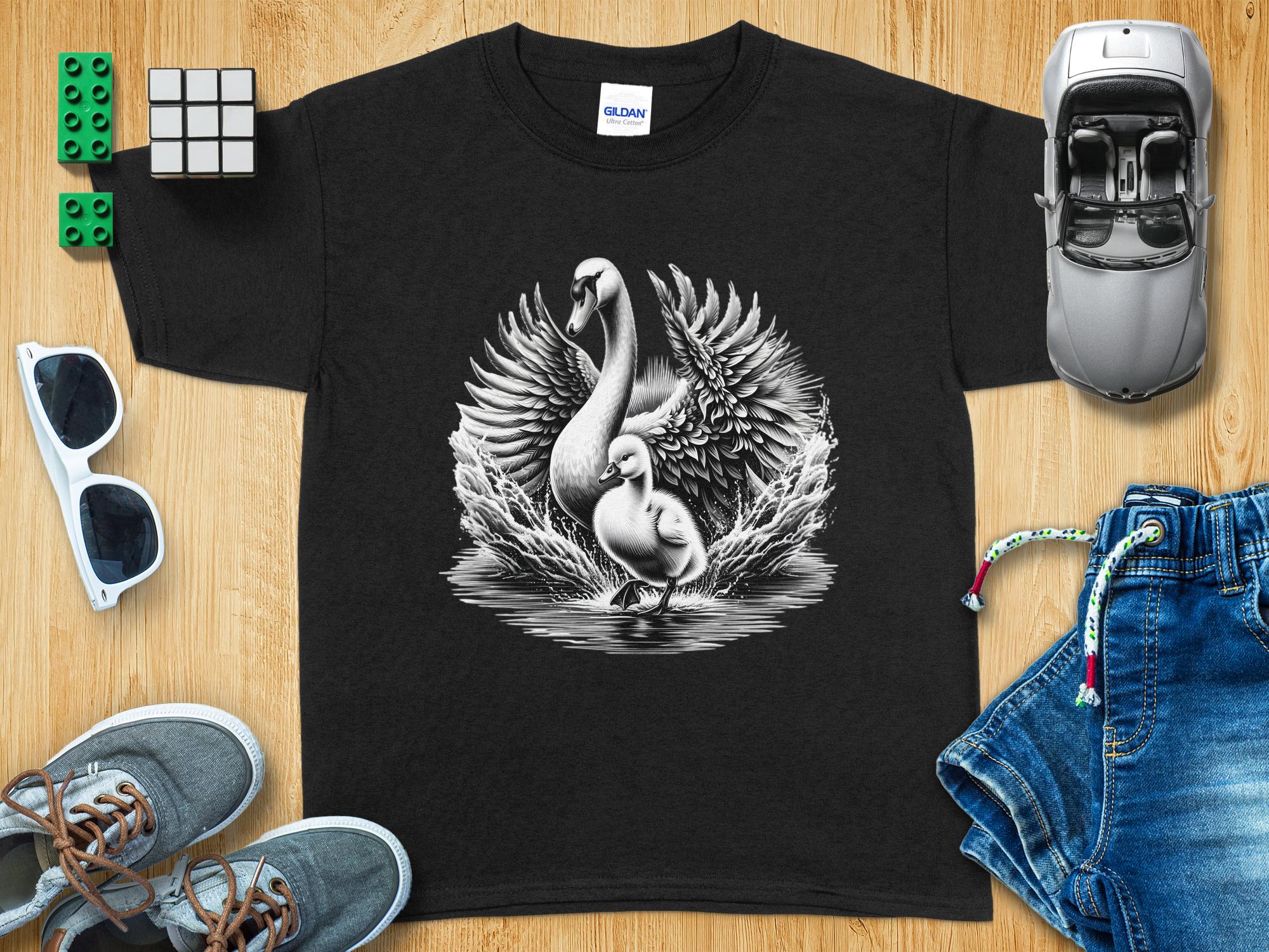 Swan & Cygnet- Black White Gildan Kids T-Shirt Realistic Family Talisman Unisex Tee Graphic Design