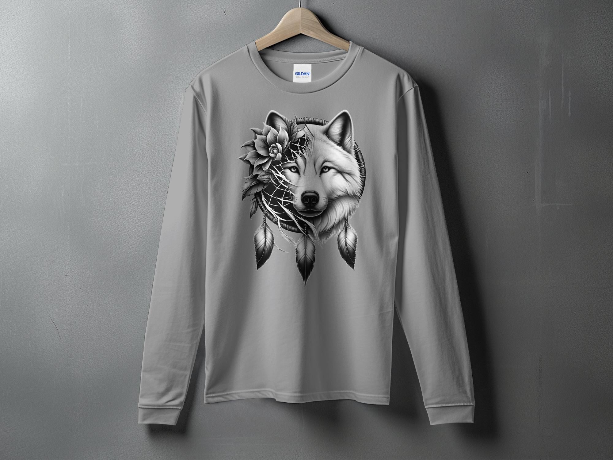 Dreamcatcher Wolf - Coloured Gildan Long Sleeve Realistic Native American Talisman Unisex Mythology Tee Graphic Design