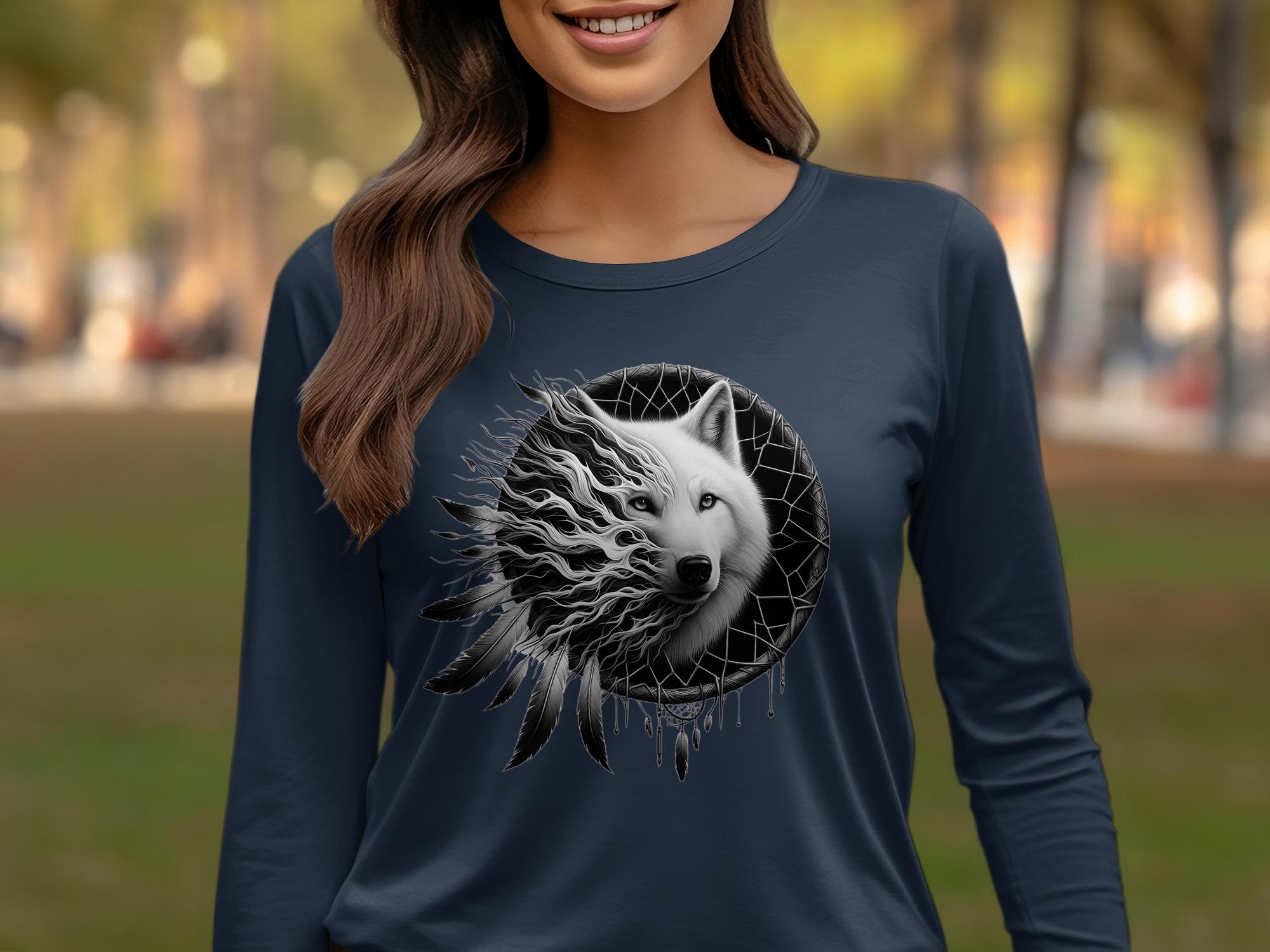 Dreamcatcher Wolf - Coloured Gildan Long Sleeve Realistic Native American Talisman Unisex Mythology Tee Graphic Design