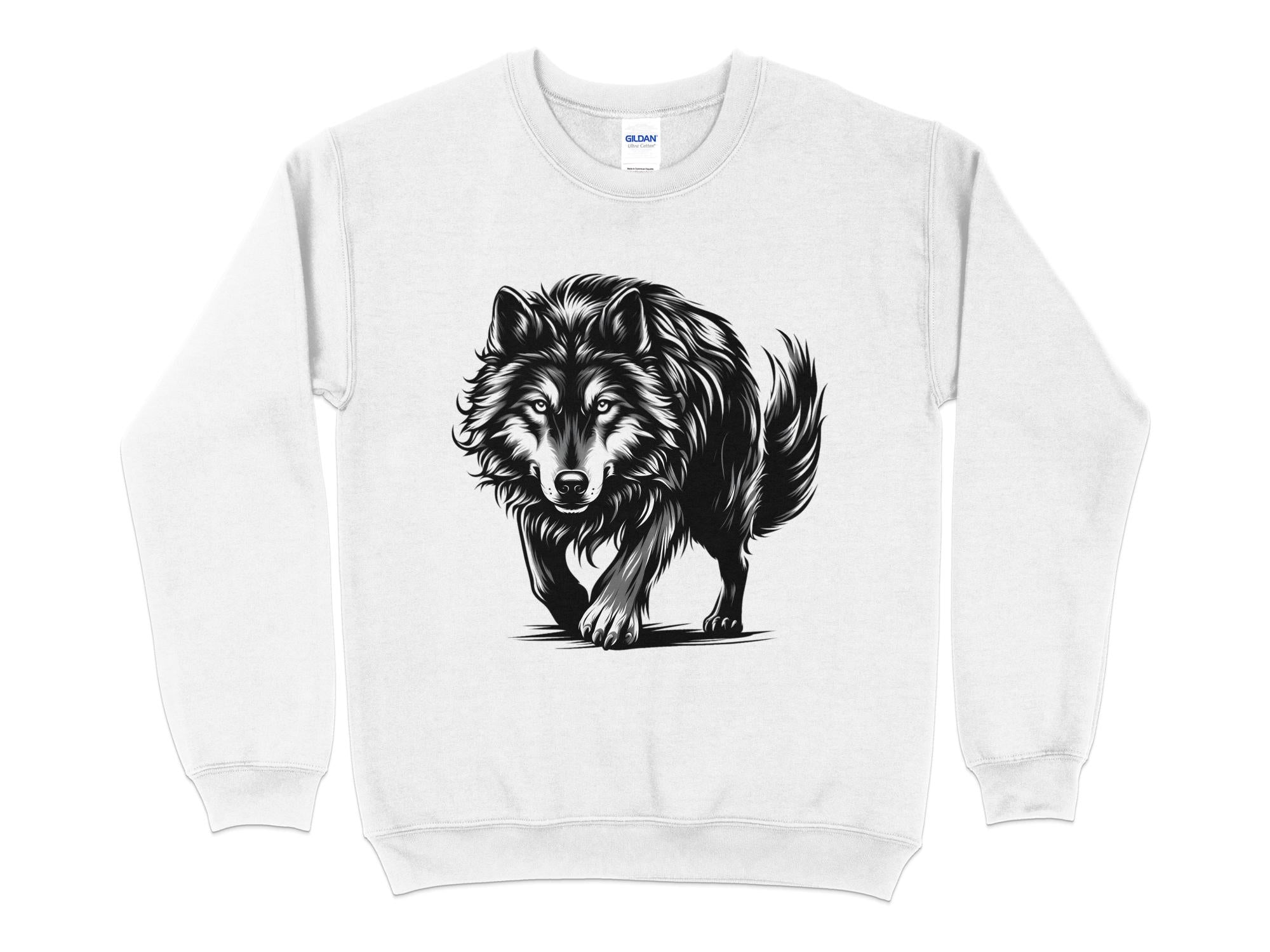 Wolf Tribal - Black White Gildan Sweatshirt Realistic Animal Talisman Unisex Tee Graphic Design