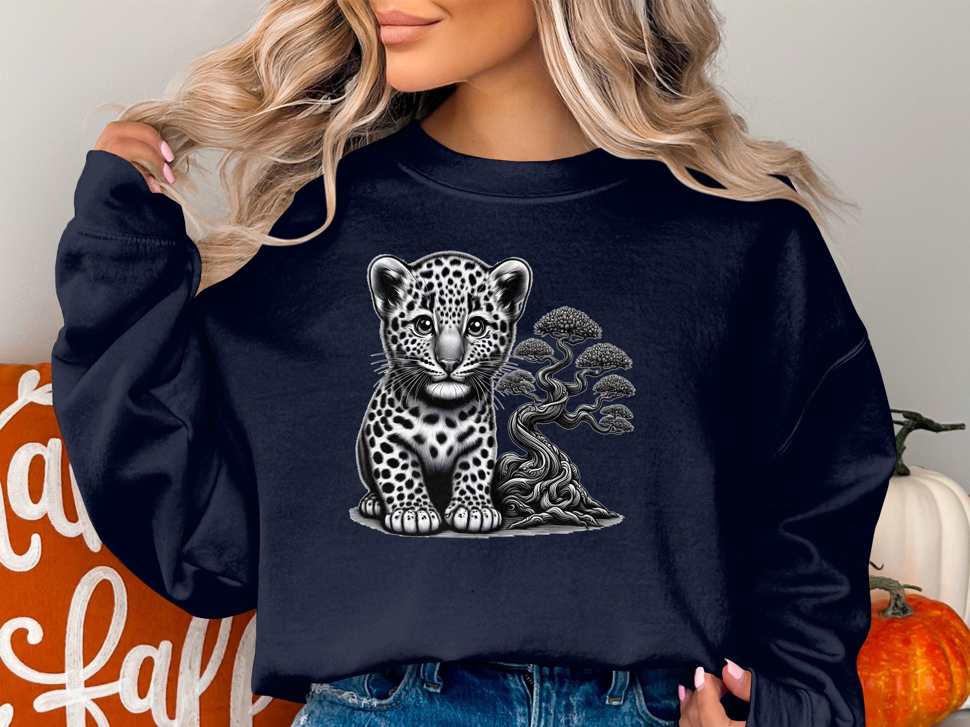 Leopard Bonsai - Coloured Gildan Sweatshirt Realistic Animal Talisman Unisex Cute Tee Graphic Design