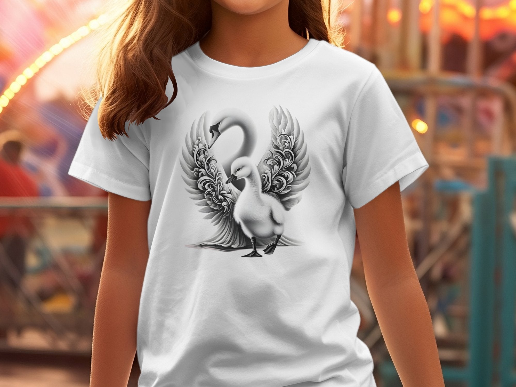 Swan & Cygnet- Black White Gildan Kids T-Shirt Realistic Family Talisman Unisex Tee Graphic Design