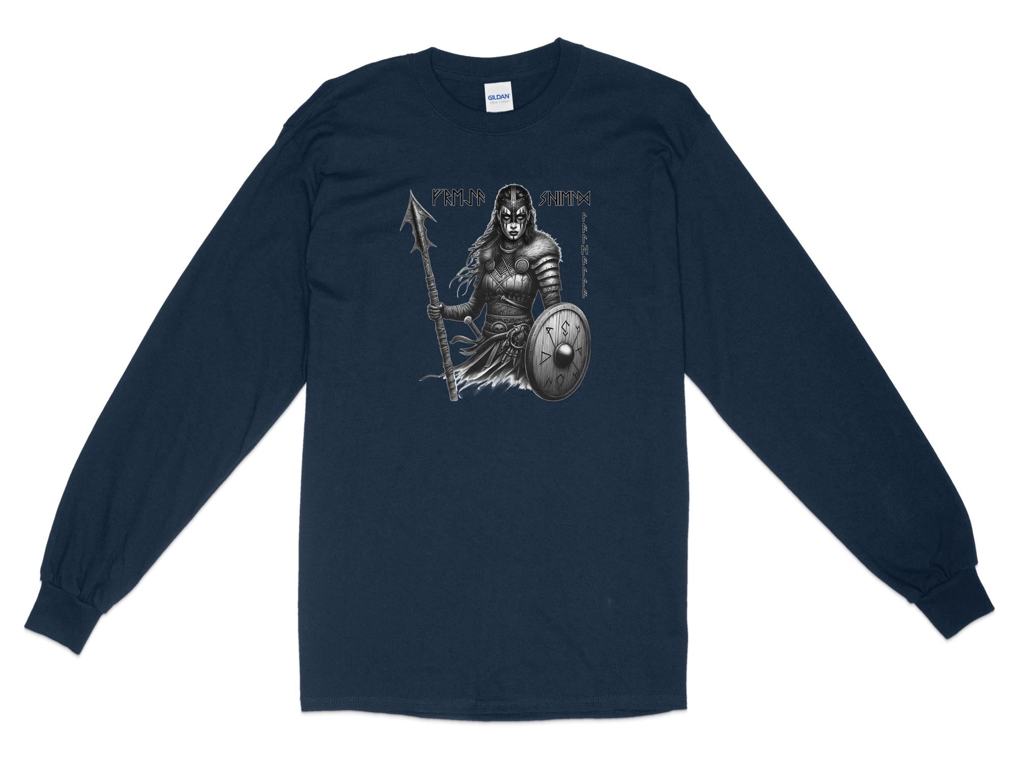 Viking Shield Maiden - Coloured Gildan Long Sleeve Realistic Norse Talisman Men Women Unisex Valhalla Tee Graphic Design