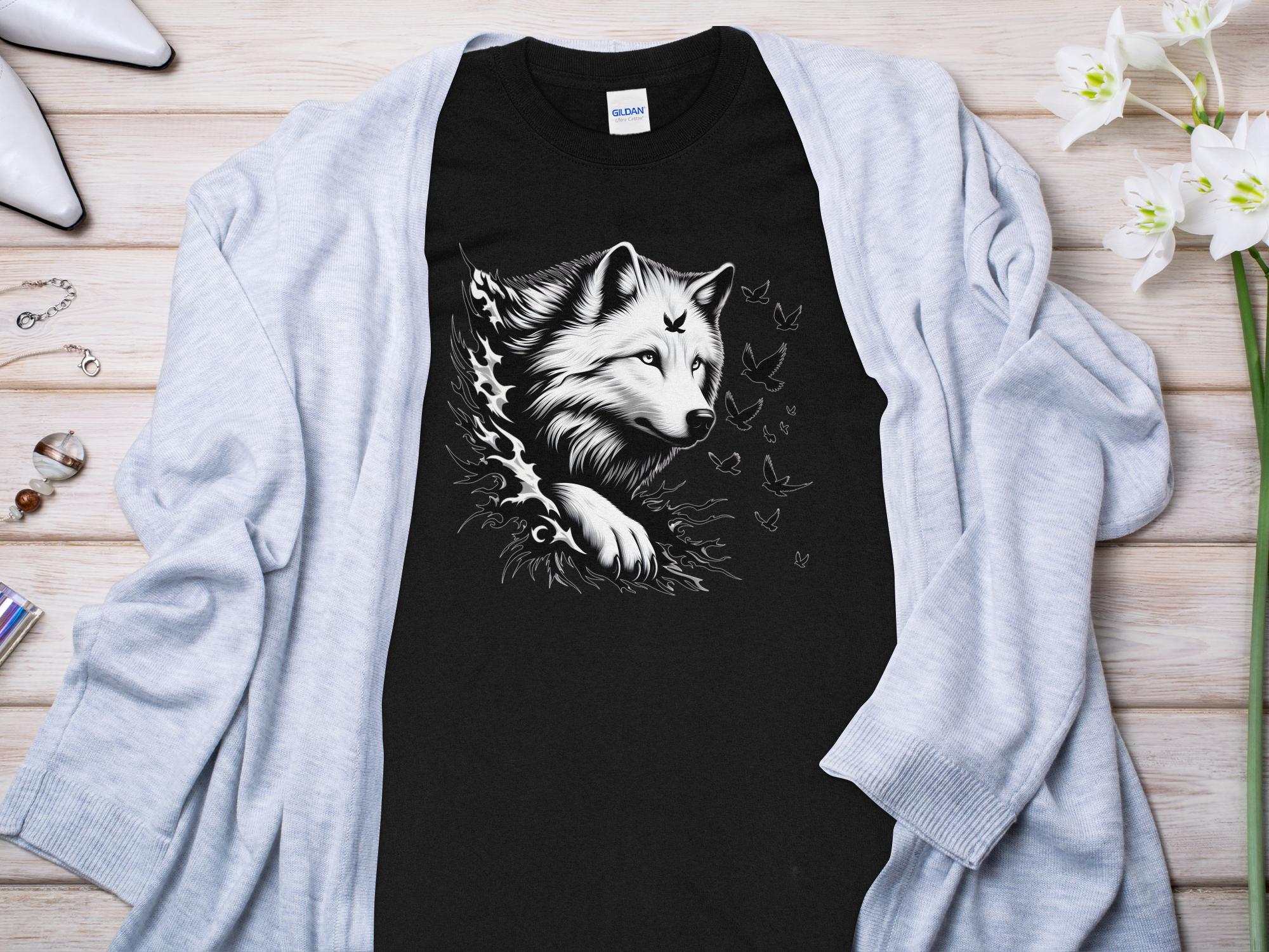 Wolf x Doves - Black White Gildan Long Sleeve Realistic Animal Talisman Unisex Tee Graphic Design