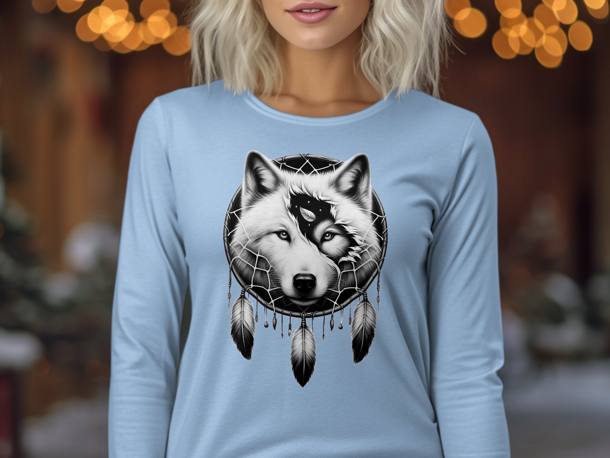 Dreamcatcher Wolf - Coloured Gildan Long Sleeve Realistic Native American Talisman Unisex Mythology Tee Graphic Design