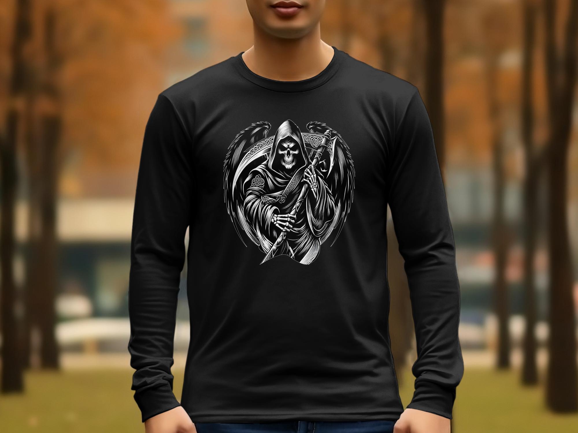 Grim Reaper - Black White Gildan Long Sleeve Commemorative Talisman Unisex Tee Graphic Design