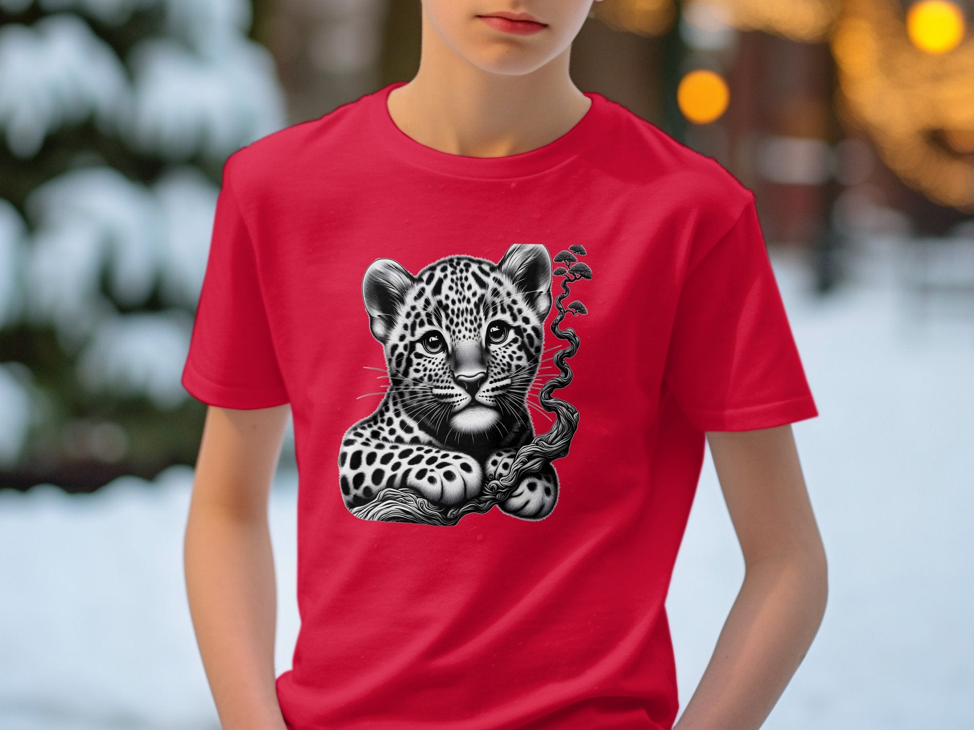 Leopard Bonsai - Coloured Gildan Kids T-Shirt Realistic Animal Talisman Unisex Cute Tee Graphic Design