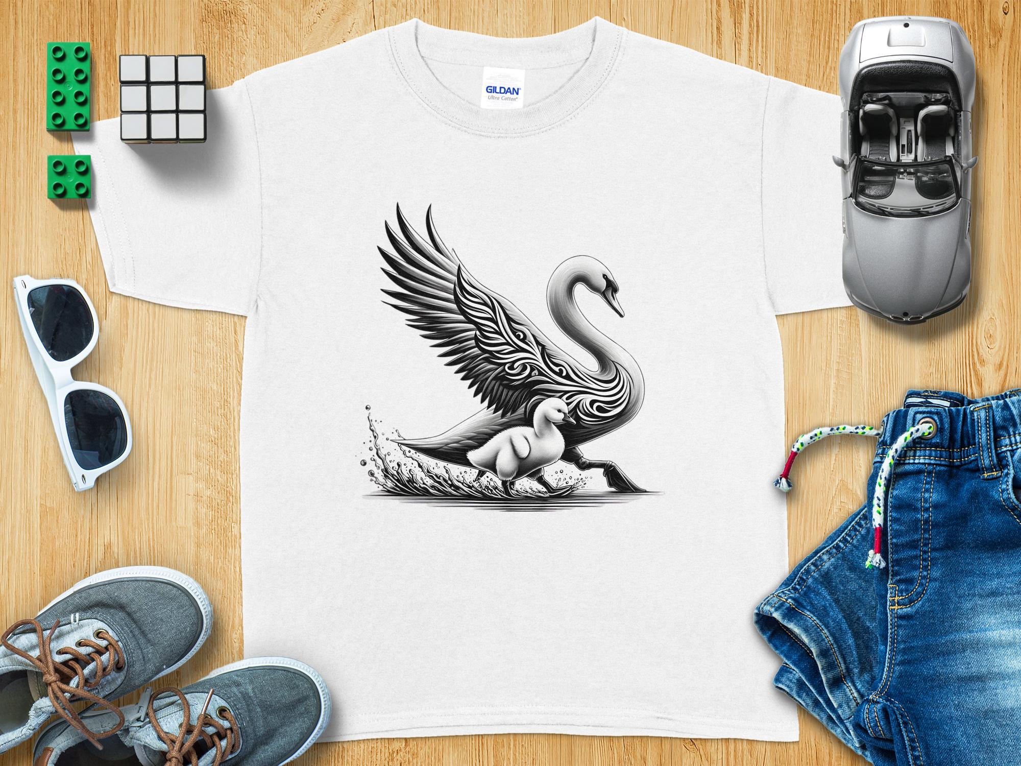 Swan & Cygnet- Black White Gildan Kids T-Shirt Realistic Family Talisman Unisex Tee Graphic Design