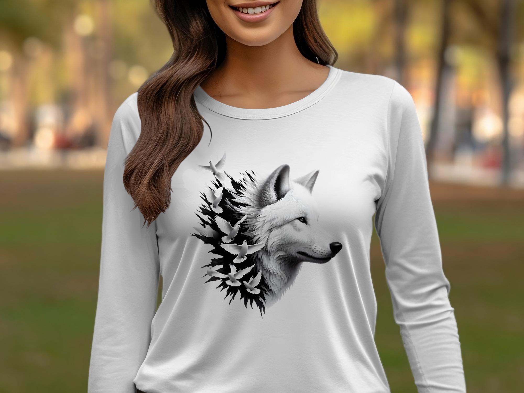 Wolf x Doves - Black White Gildan Long Sleeve Realistic Animal Talisman Unisex Tee Graphic Design