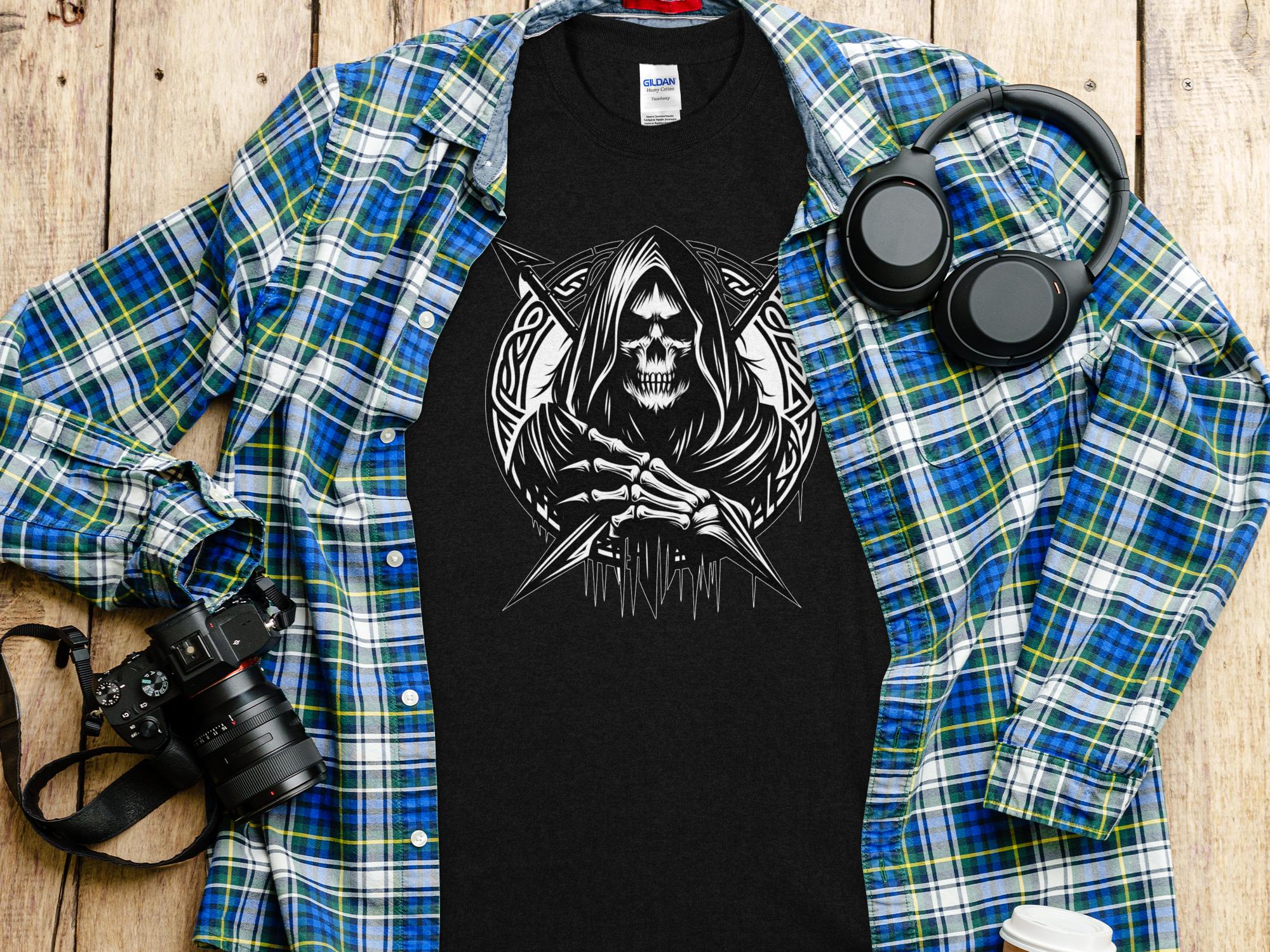 Grim Reaper - Black White Gildan T-Shirt Commemorative Talisman Unisex Tee Graphic Design