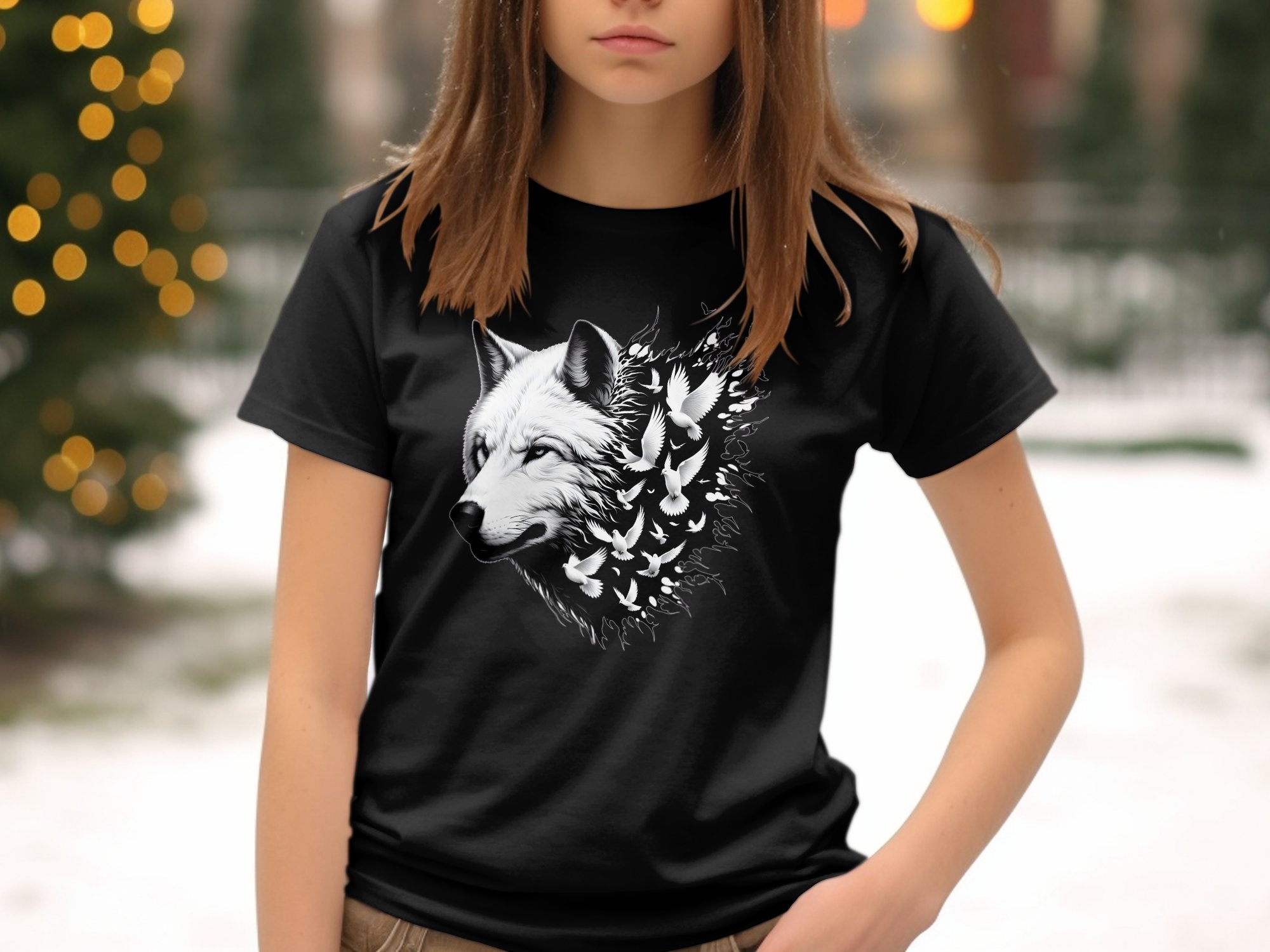 Wolf x Doves - Black White Gildan Kids T-Shirt Realistic Animal Talisman Unisex Tee Graphic Design