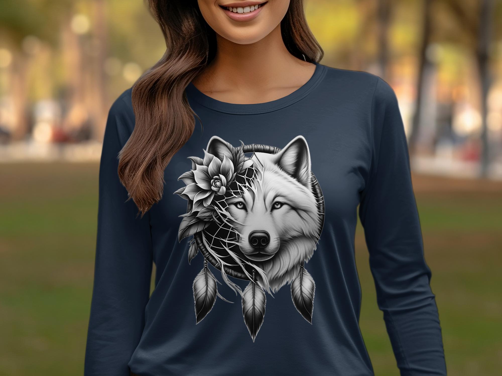 Dreamcatcher Wolf - Coloured Gildan Long Sleeve Realistic Native American Talisman Unisex Mythology Tee Graphic Design