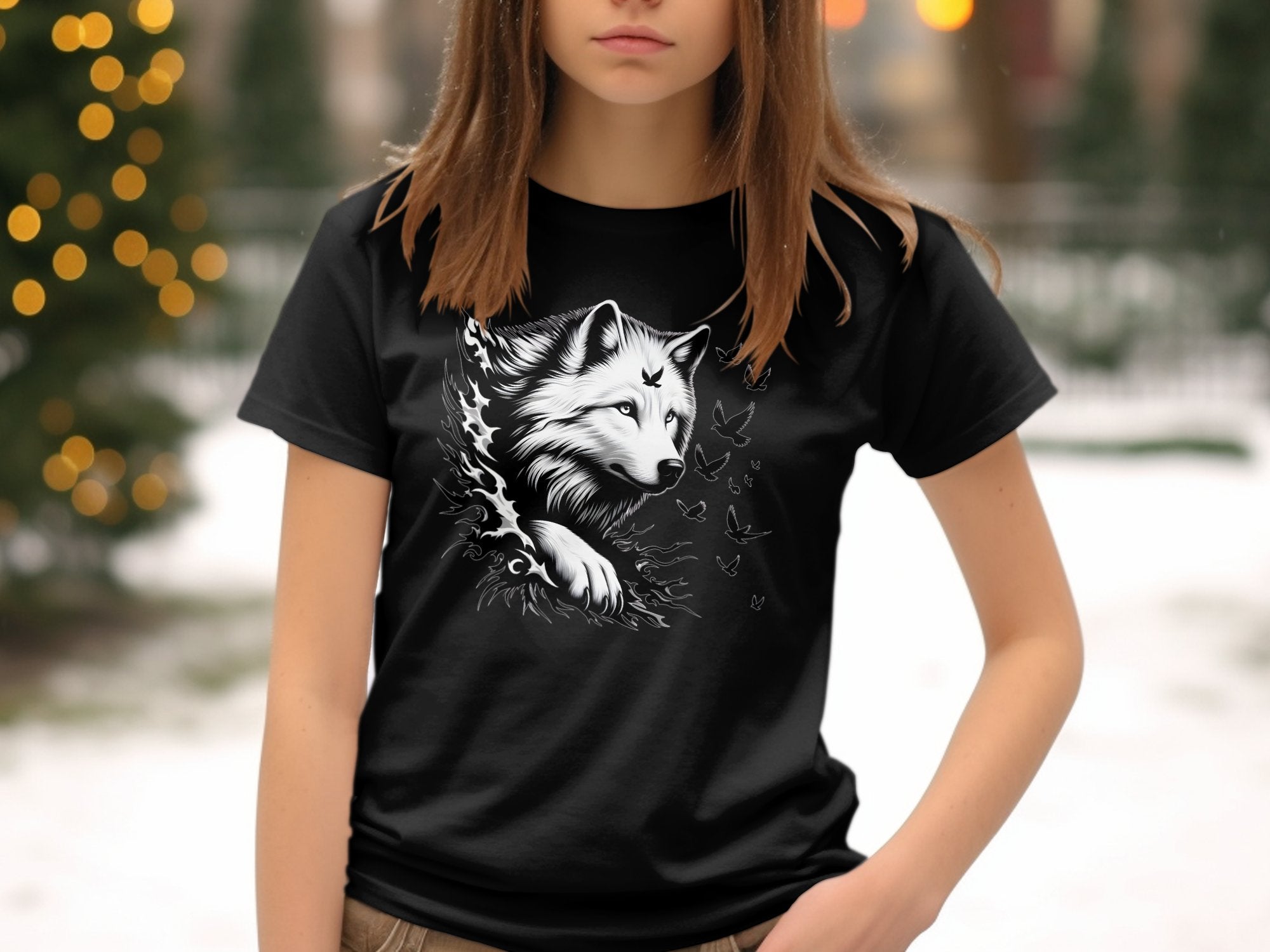 Wolf x Doves - Black White Gildan Kids T-Shirt Realistic Animal Talisman Unisex Tee Graphic Design