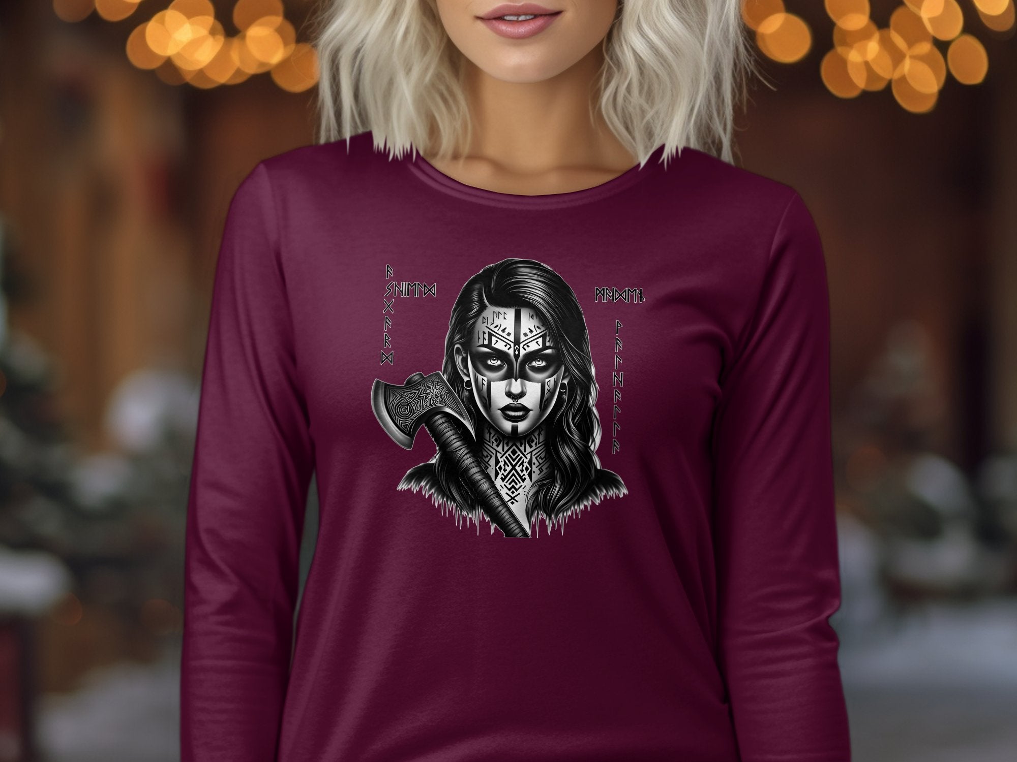 Viking Shield Maiden - Coloured Gildan Long Sleeve Realistic Norse Talisman Men Women Unisex Valhalla Tee Graphic Design