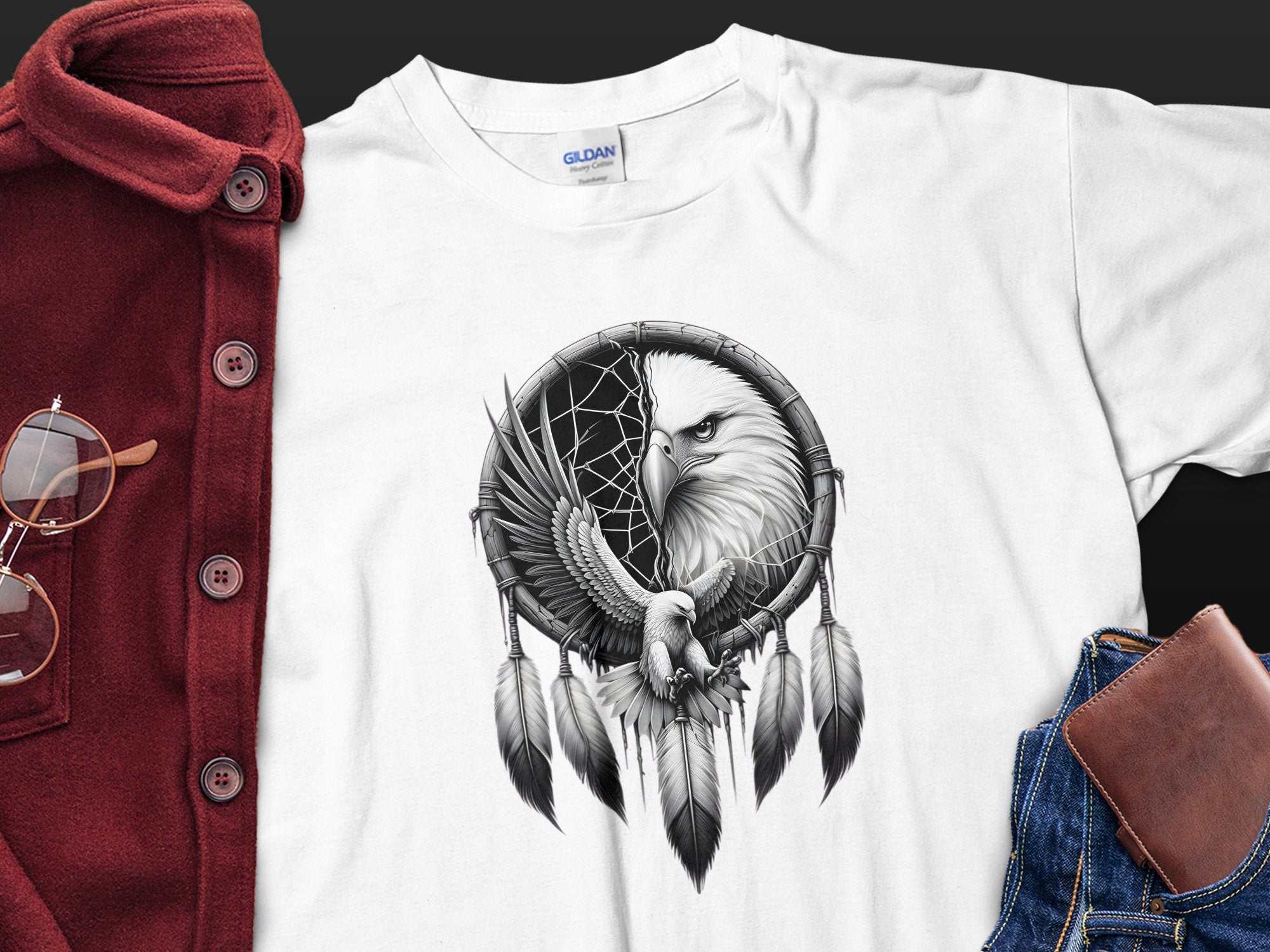 Dreamcatcher Eagle - Coloured Gildan T-Shirt Realistic Native American Talisman Unisex Mythology Tee Graphic Design