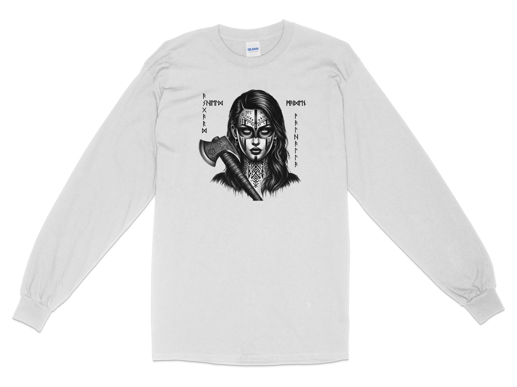 Viking Shield Maiden - Coloured Gildan Long Sleeve Realistic Norse Talisman Men Women Unisex Valhalla Tee Graphic Design