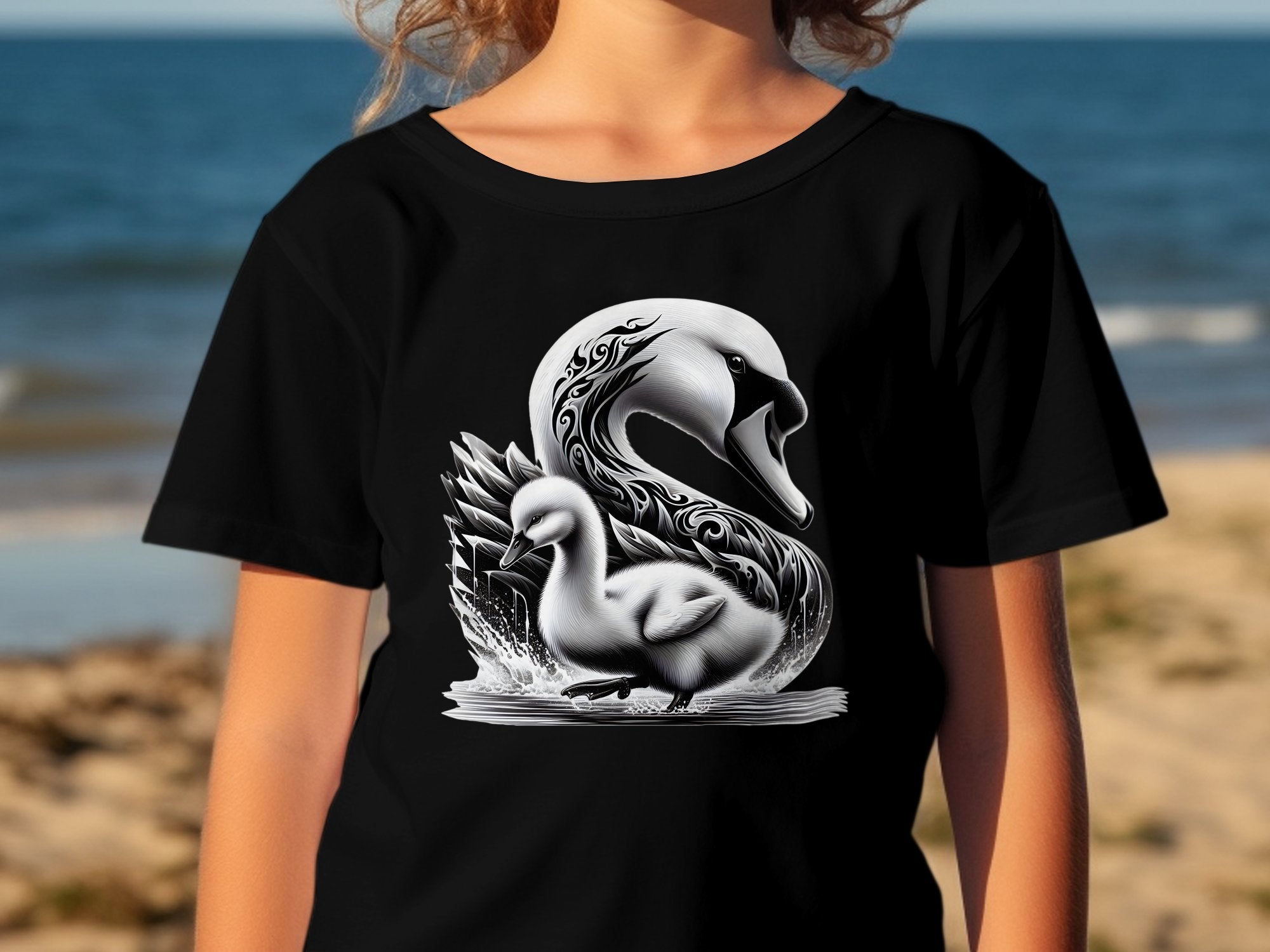 Swan & Cygnet- Black White Gildan Kids T-Shirt Realistic Family Talisman Unisex Tee Graphic Design