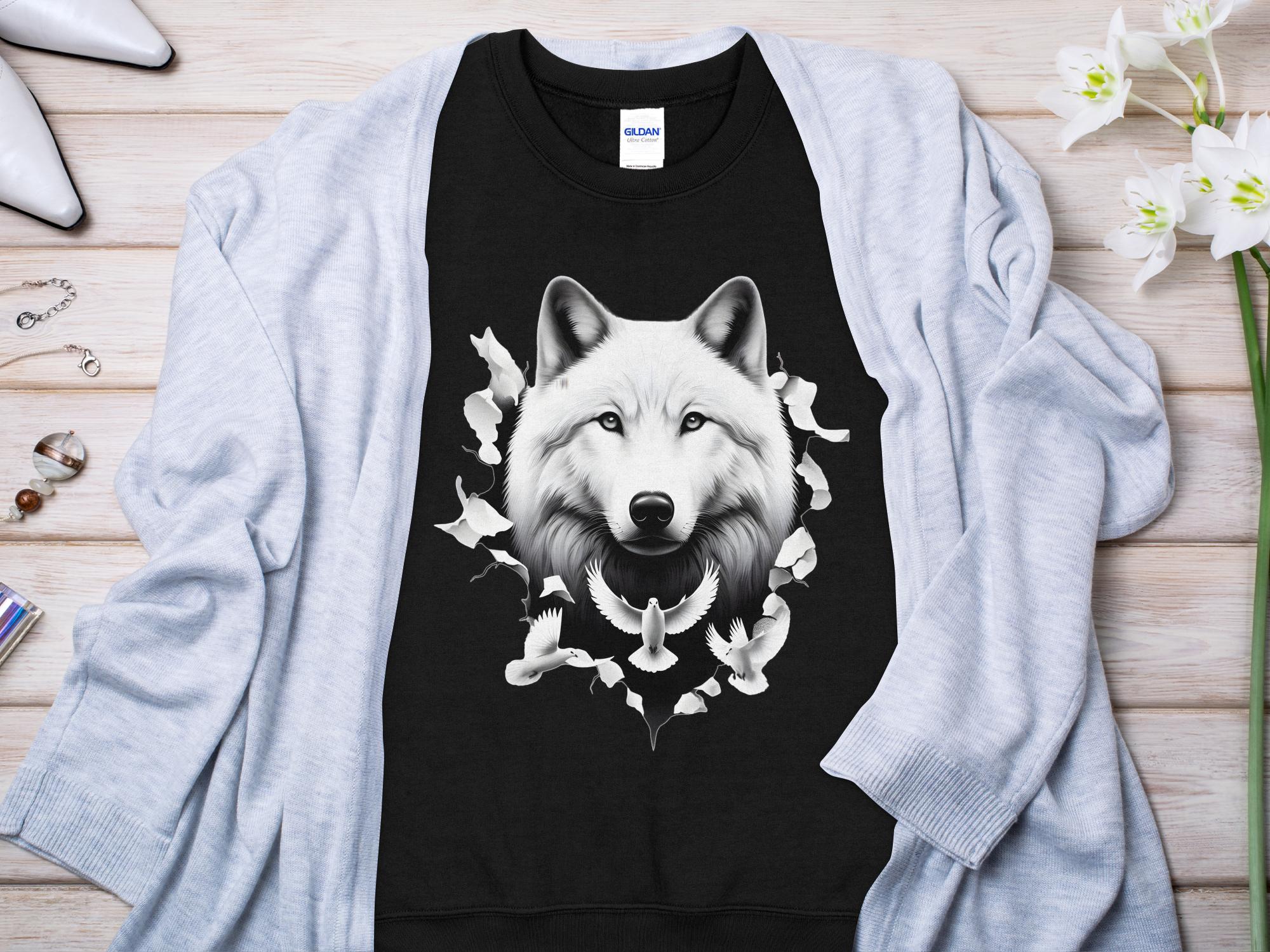 Wolf x Doves - Black White Gildan Sweatshirt Realistic Animal Talisman Unisex Tee Graphic Design