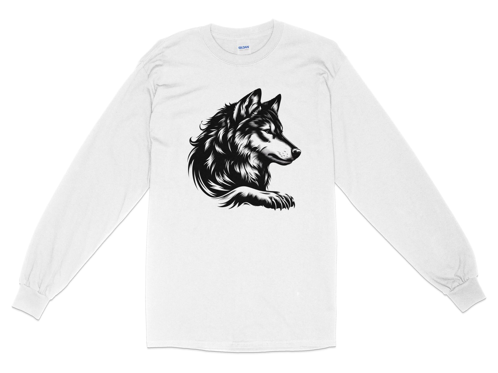 Wolf Tribal - Black White Gildan Long Sleeve Realistic Animal Talisman Unisex Tee Graphic Design