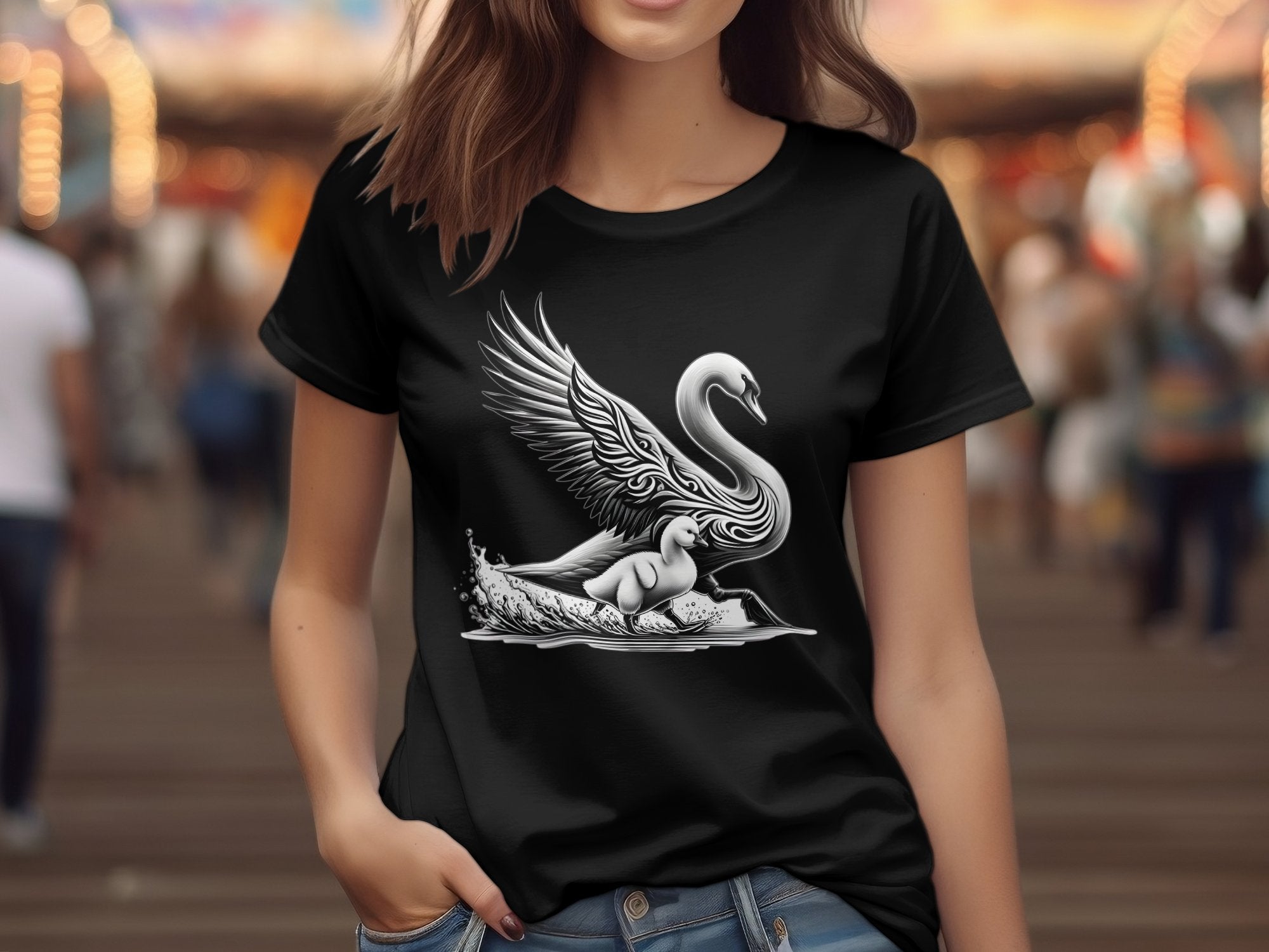 Swan & Cygnet- Black White Gildan T-Shirt Realistic Family Talisman Unisex Tee Graphic Design