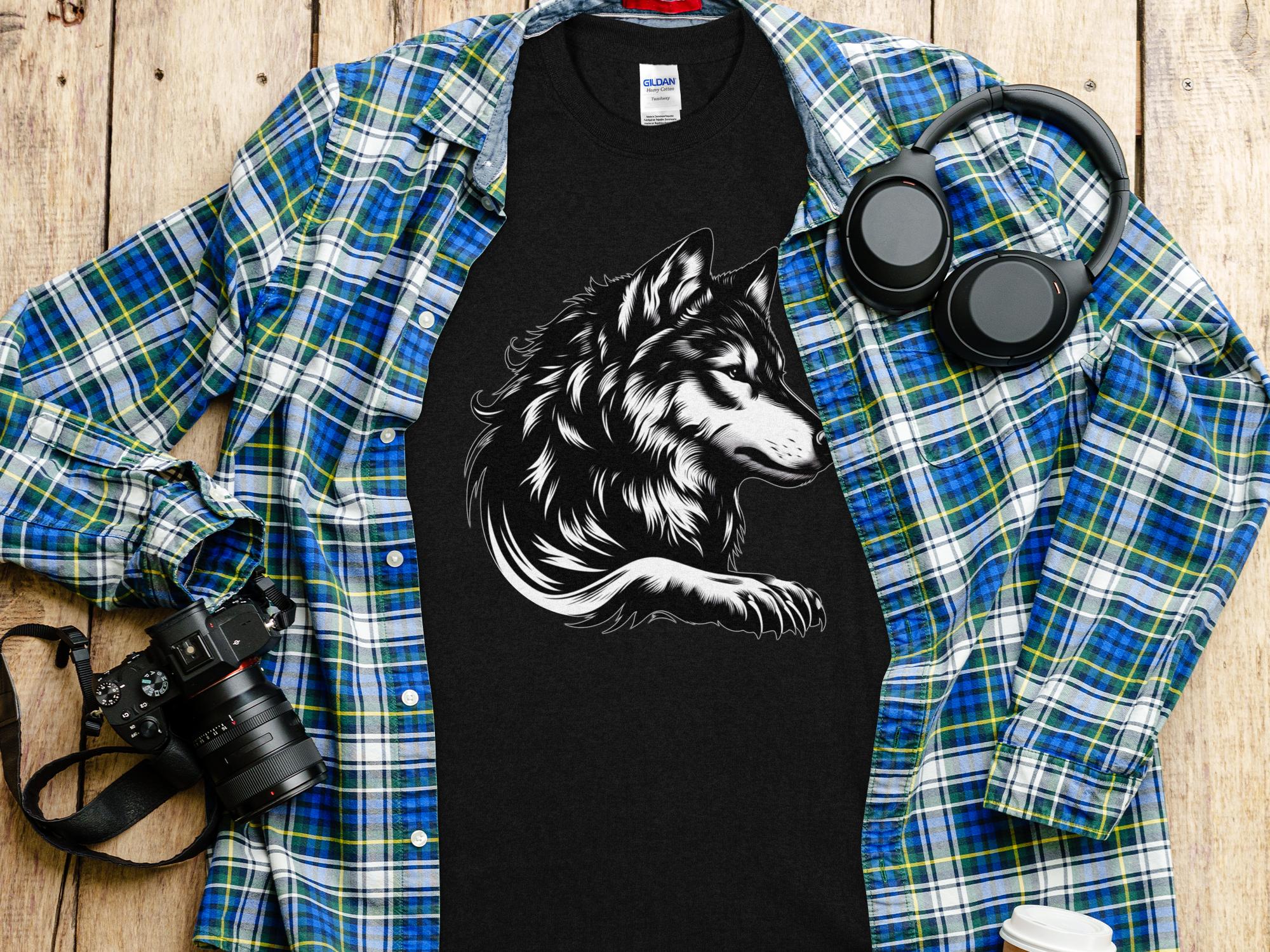 Wolf Tribal - Black White Gildan T-Shirt Realistic Animal Talisman Unisex Tee Graphic Design