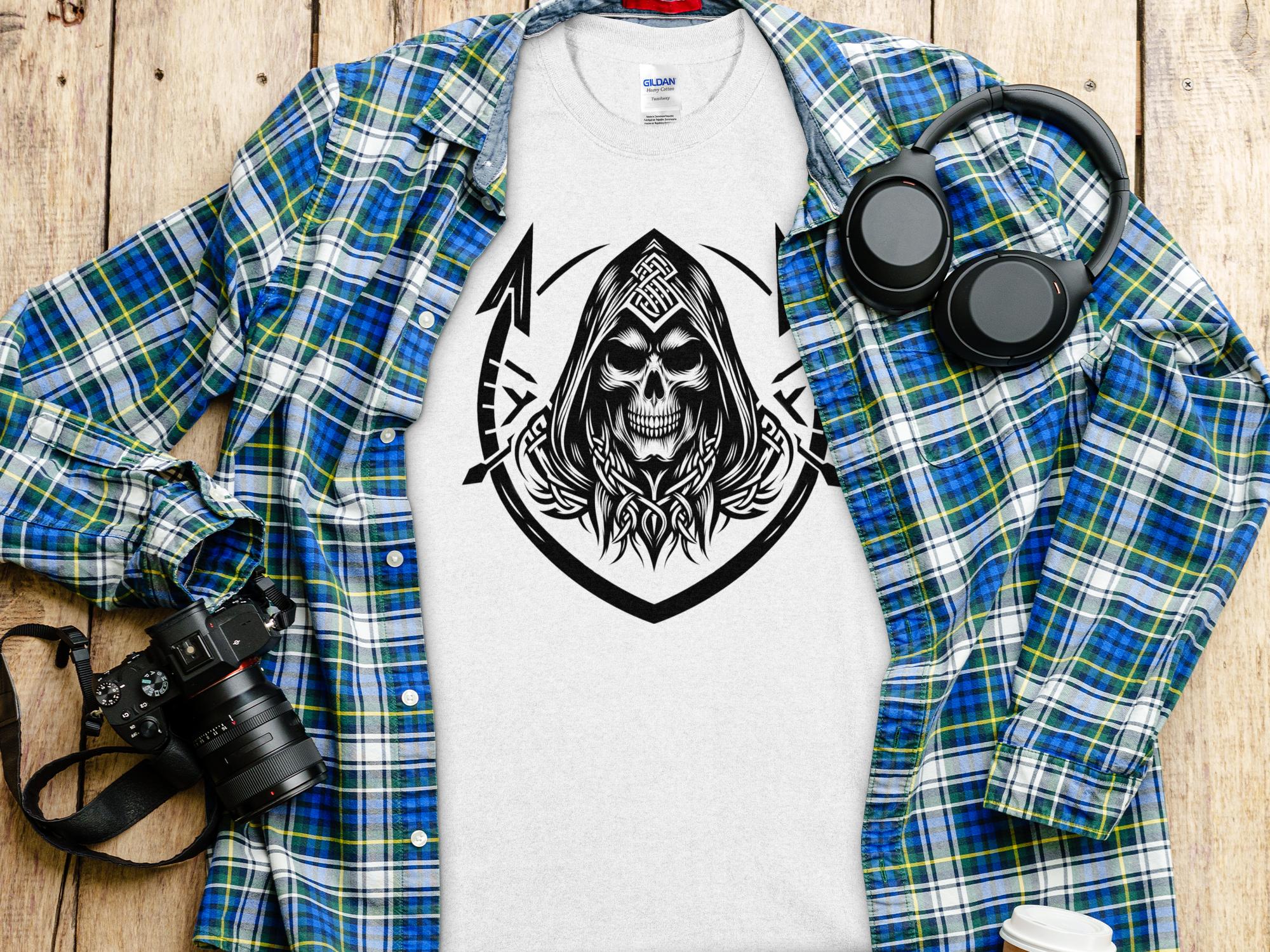 Grim Reaper - Black White Gildan T-Shirt Commemorative Talisman Unisex Tee Graphic Design