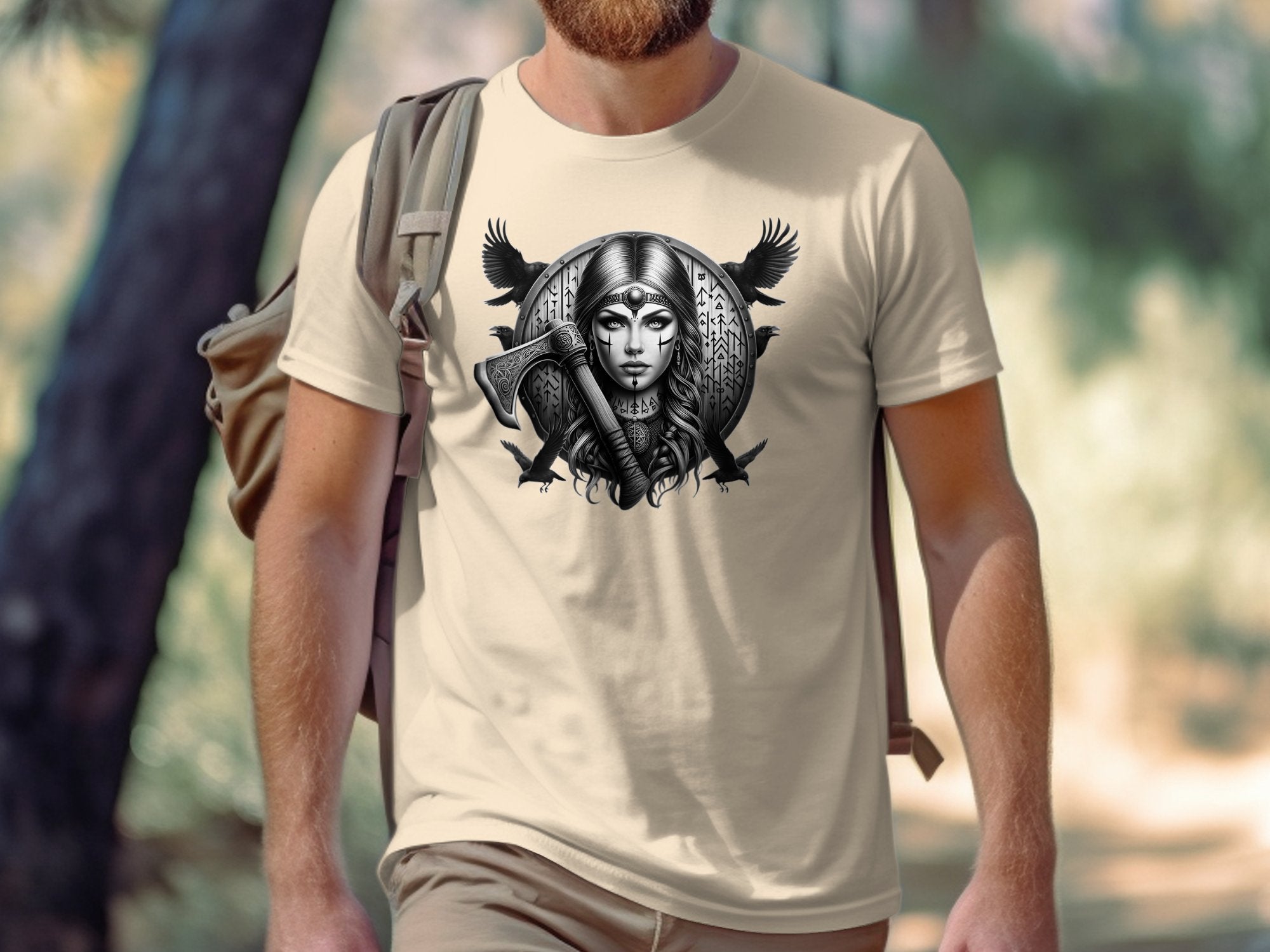 Viking Shield Maiden - Coloured Gildan T Shirt Realistic Norse Talisman Men Women Unisex Valhalla Tee Graphic Design