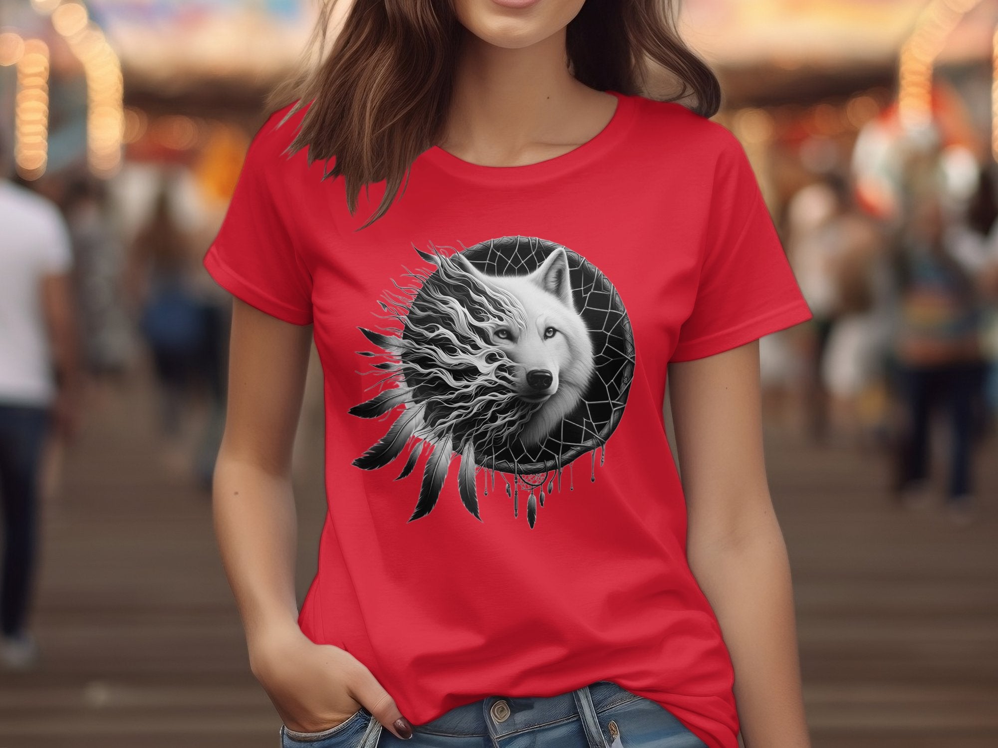 Dreamcatcher Wolf - Coloured Gildan T-Shirt Realistic Native American Talisman Unisex Mythology Tee Graphic Design