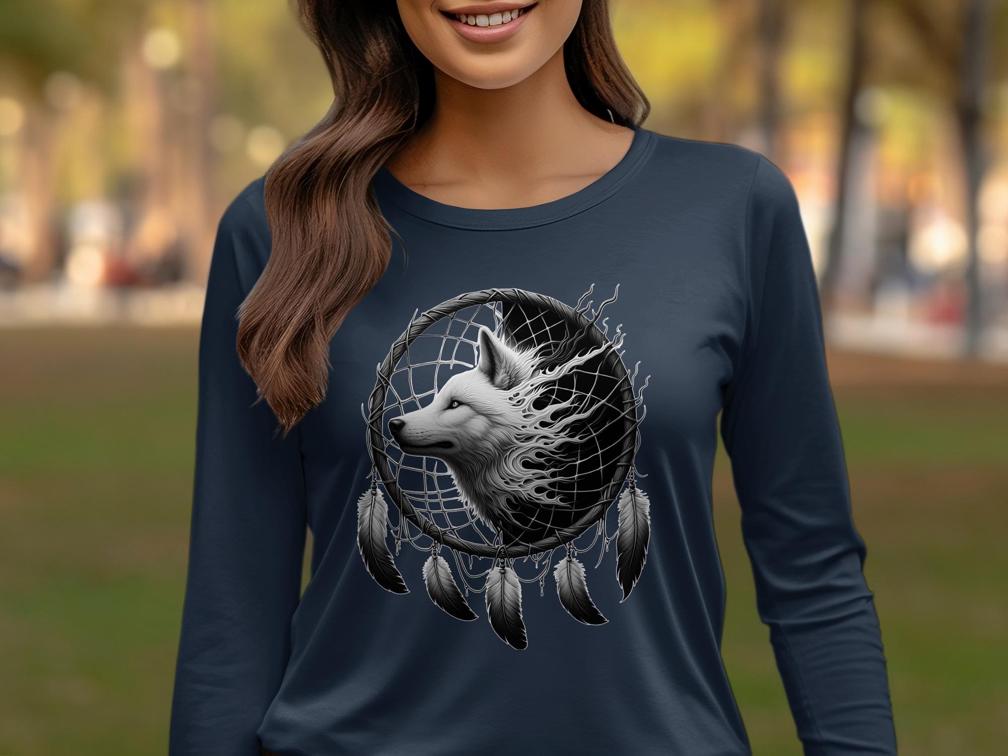 Dreamcatcher Wolf - Coloured Gildan Long Sleeve Realistic Native American Talisman Unisex Mythology Tee Graphic Design