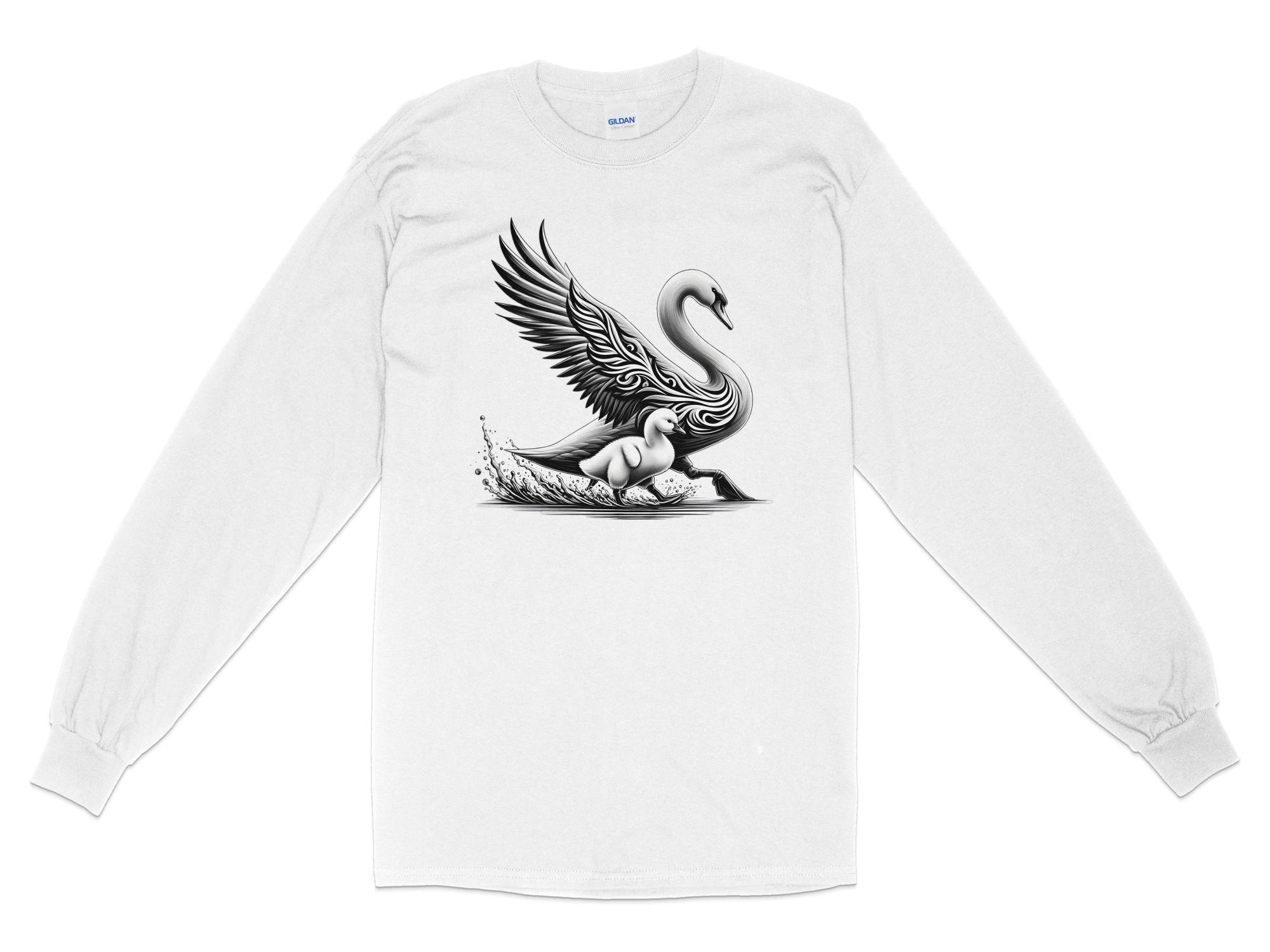 Swan & Cygnet- Black White Gildan Long Sleeve Realistic Family Talisman Unisex Tee Graphic Design