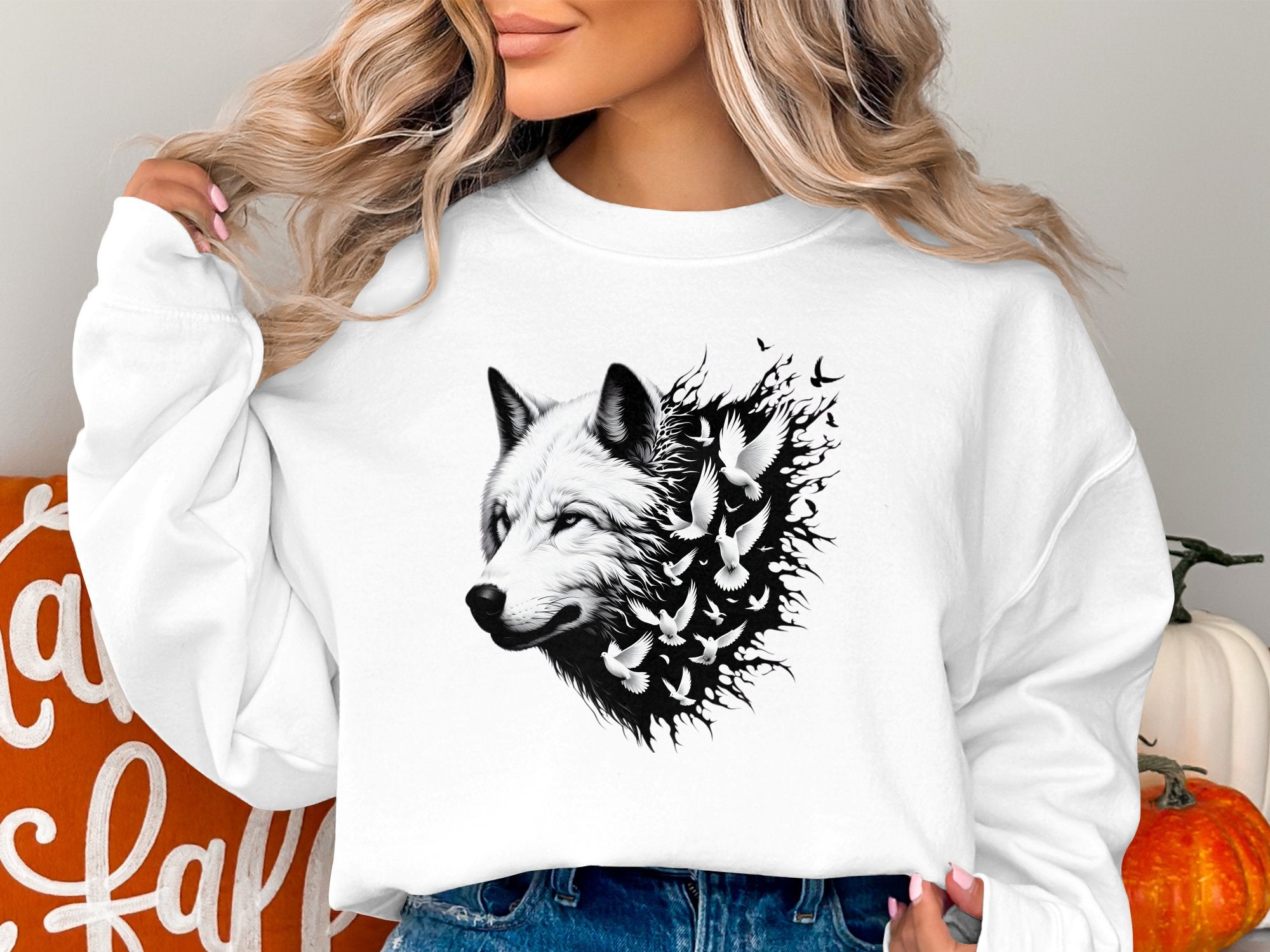 Wolf x Doves - Black White Gildan Sweatshirt Realistic Animal Talisman Unisex Tee Graphic Design