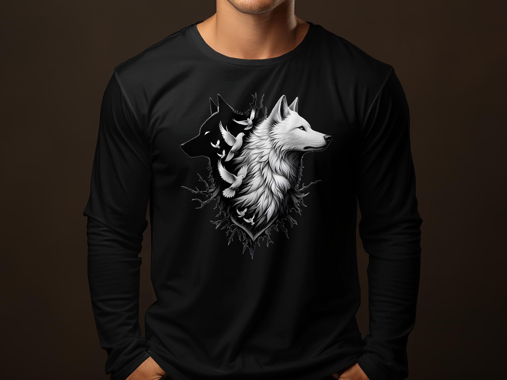 Wolf x Doves - Black White Gildan Long Sleeve Realistic Animal Talisman Unisex Tee Graphic Design