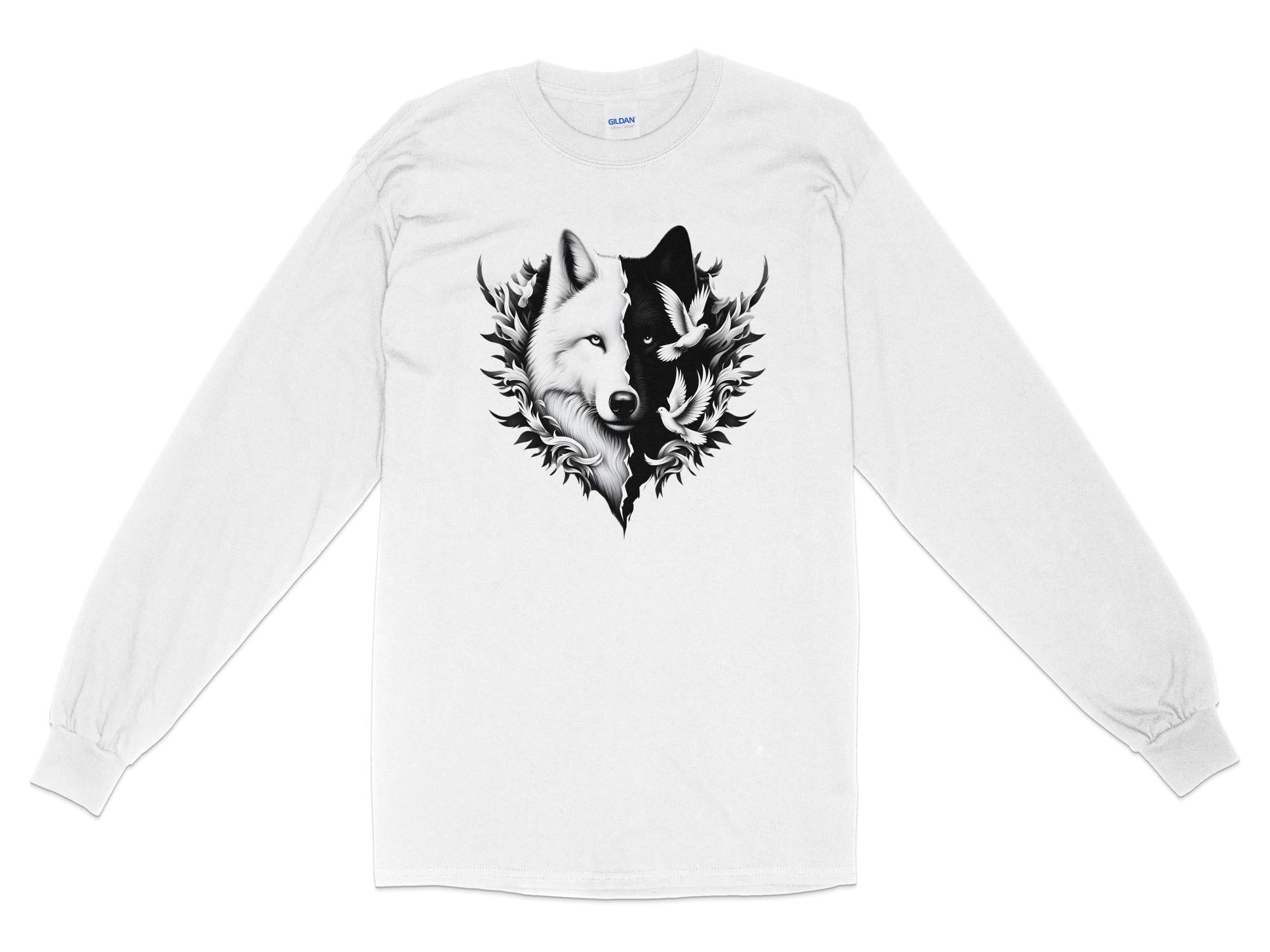 Wolf x Doves - Black White Gildan Long Sleeve Realistic Animal Talisman Unisex Tee Graphic Design