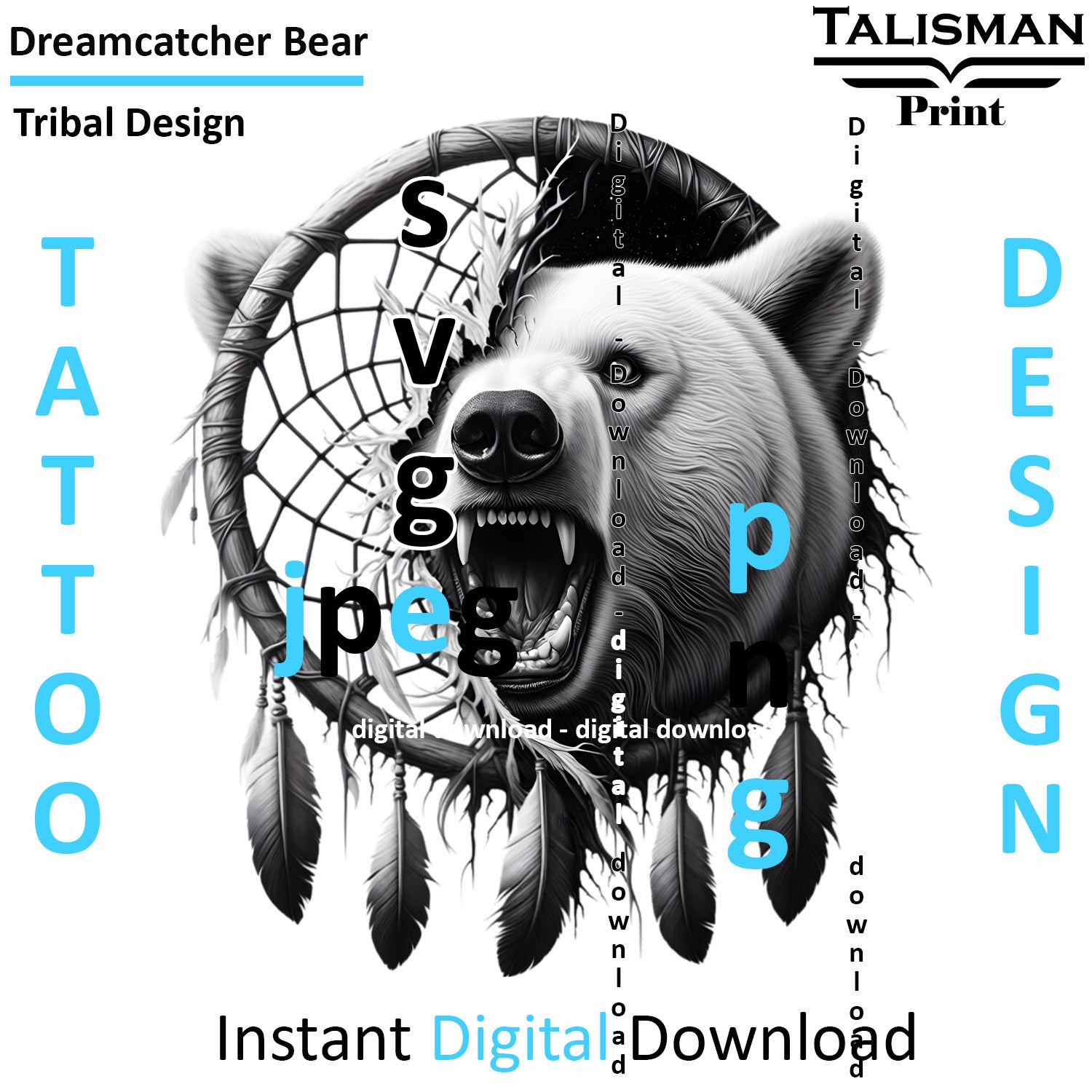 Dreamcatcher Bear - Digital Art | PNG, JPEG & SVG | Instant Download for Apparel, Décor and Wall Art