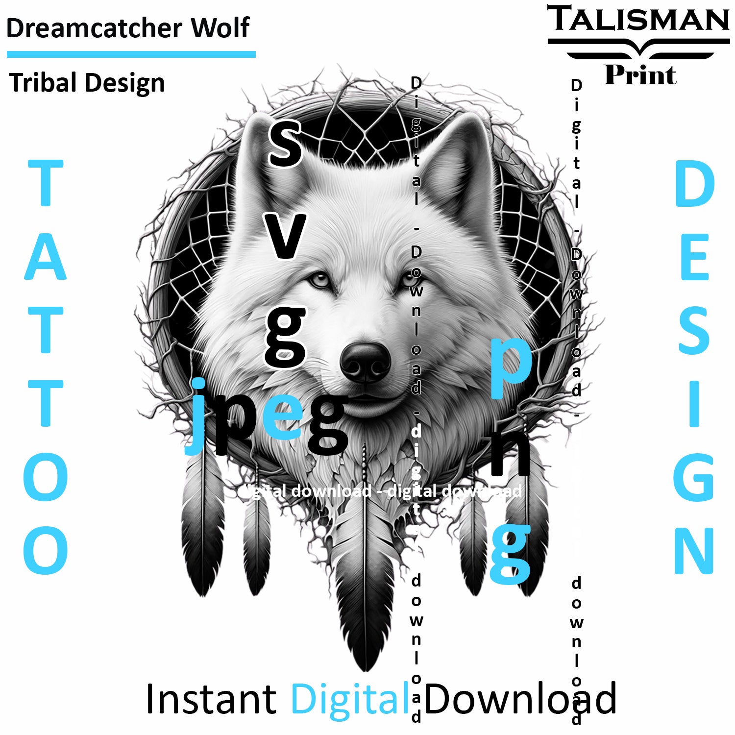 Dreamcatcher Wolf - Digital Art | PNG, JPEG & SVG | Instant Download for Apparel, Décor and Wall Art