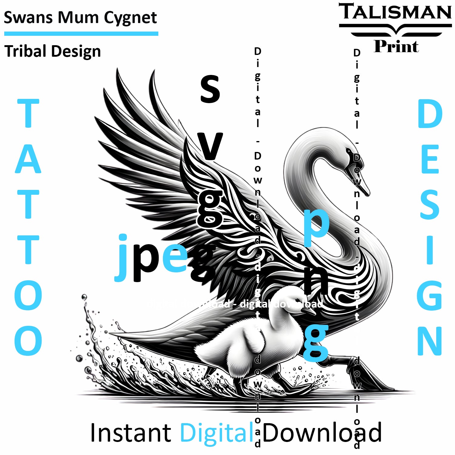 Swan and Cygnet - Digital Art | PNG, JPEG & SVG | Instant Download for Apparel, Décor and Wall Art