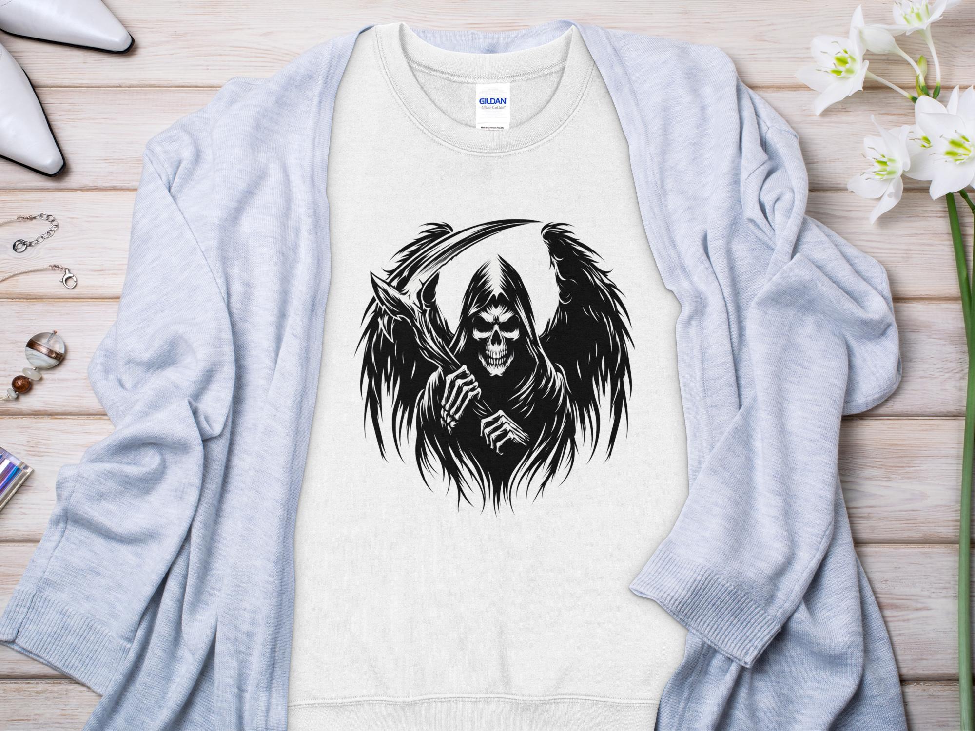 Grim Reaper - Black White Gildan Sweatshirt Commemorative Talisman Unisex Tee Graphic Design