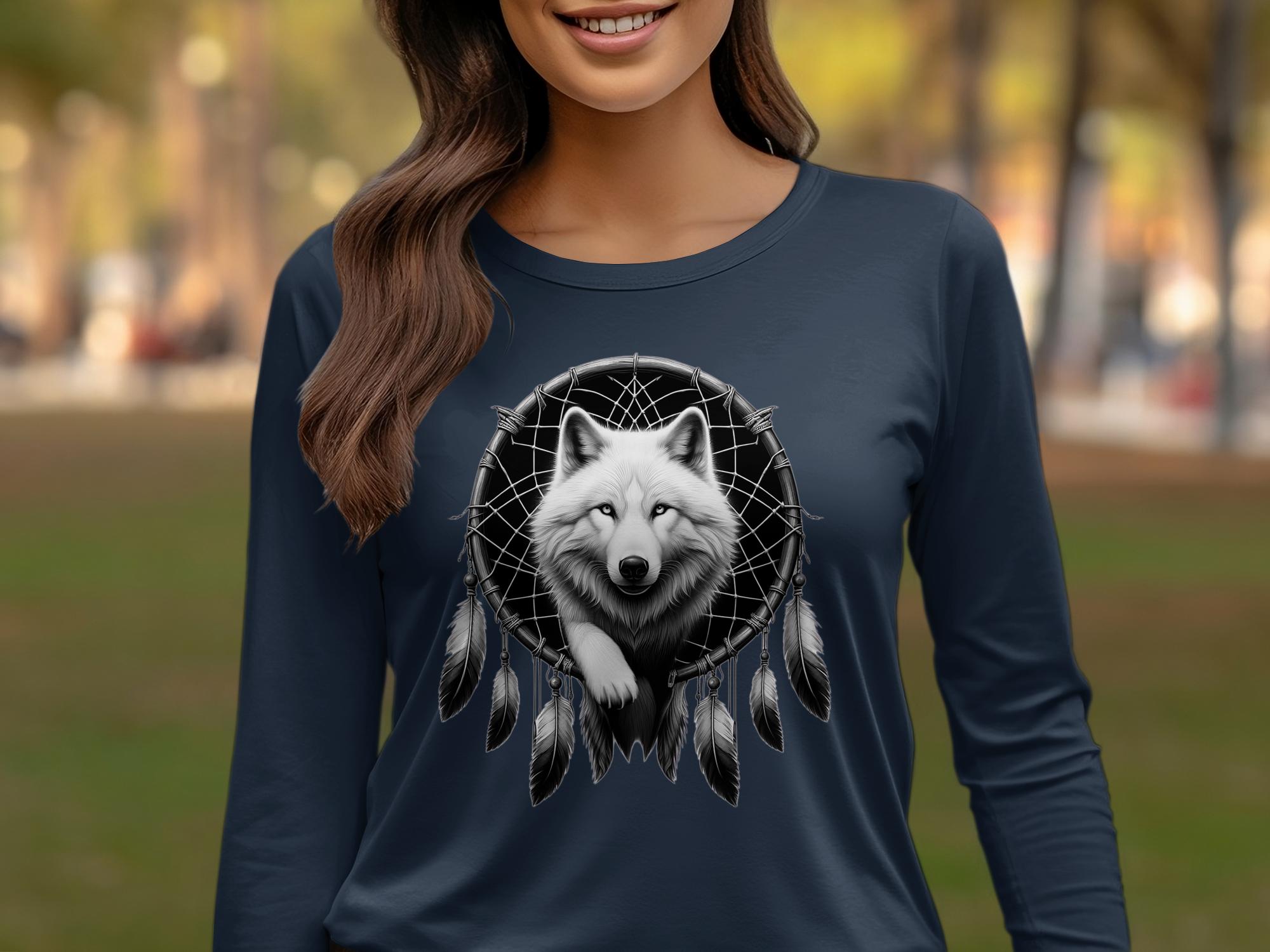 Dreamcatcher Wolf - Coloured Gildan Long Sleeve Realistic Native American Talisman Unisex Mythology Tee Graphic Design