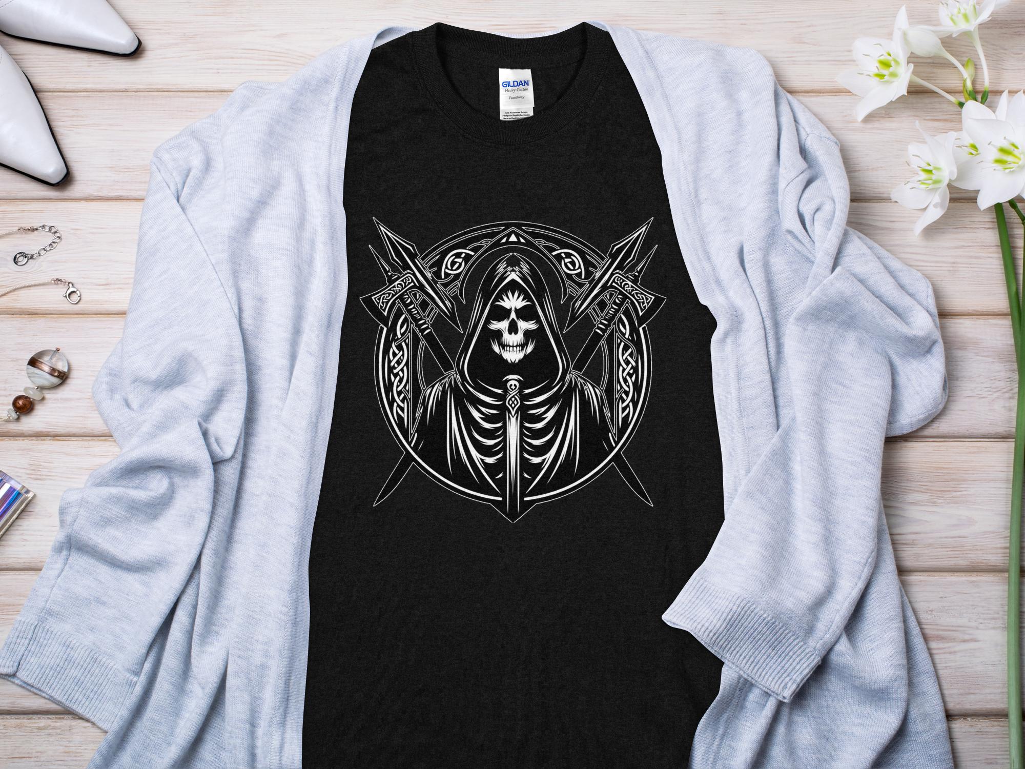 Grim Reaper - Black White Gildan T-Shirt Commemorative Talisman Unisex Tee Graphic Design