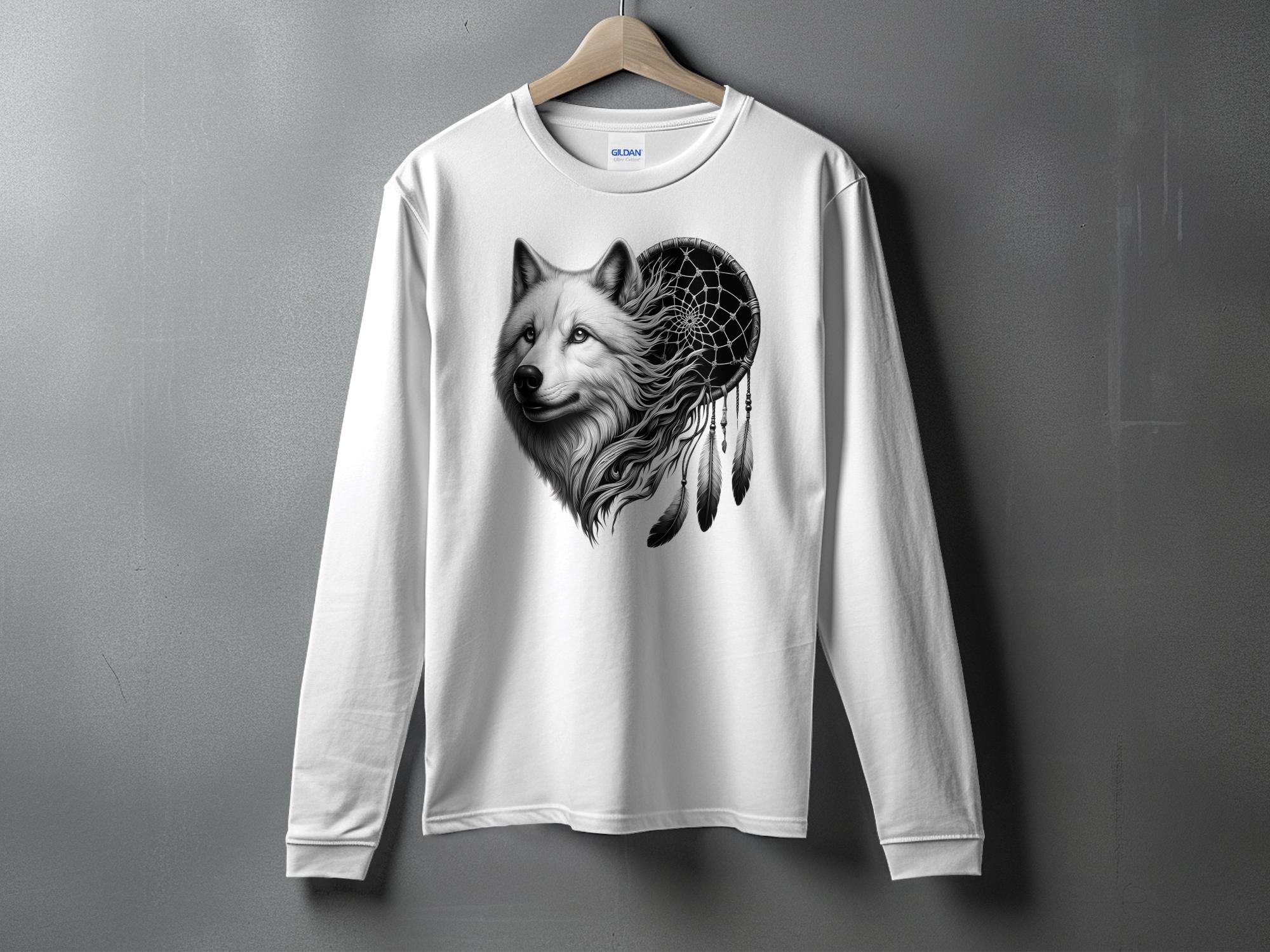 Dreamcatcher Wolf - Coloured Gildan Long Sleeve Realistic Native American Talisman Unisex Mythology Tee Graphic Design