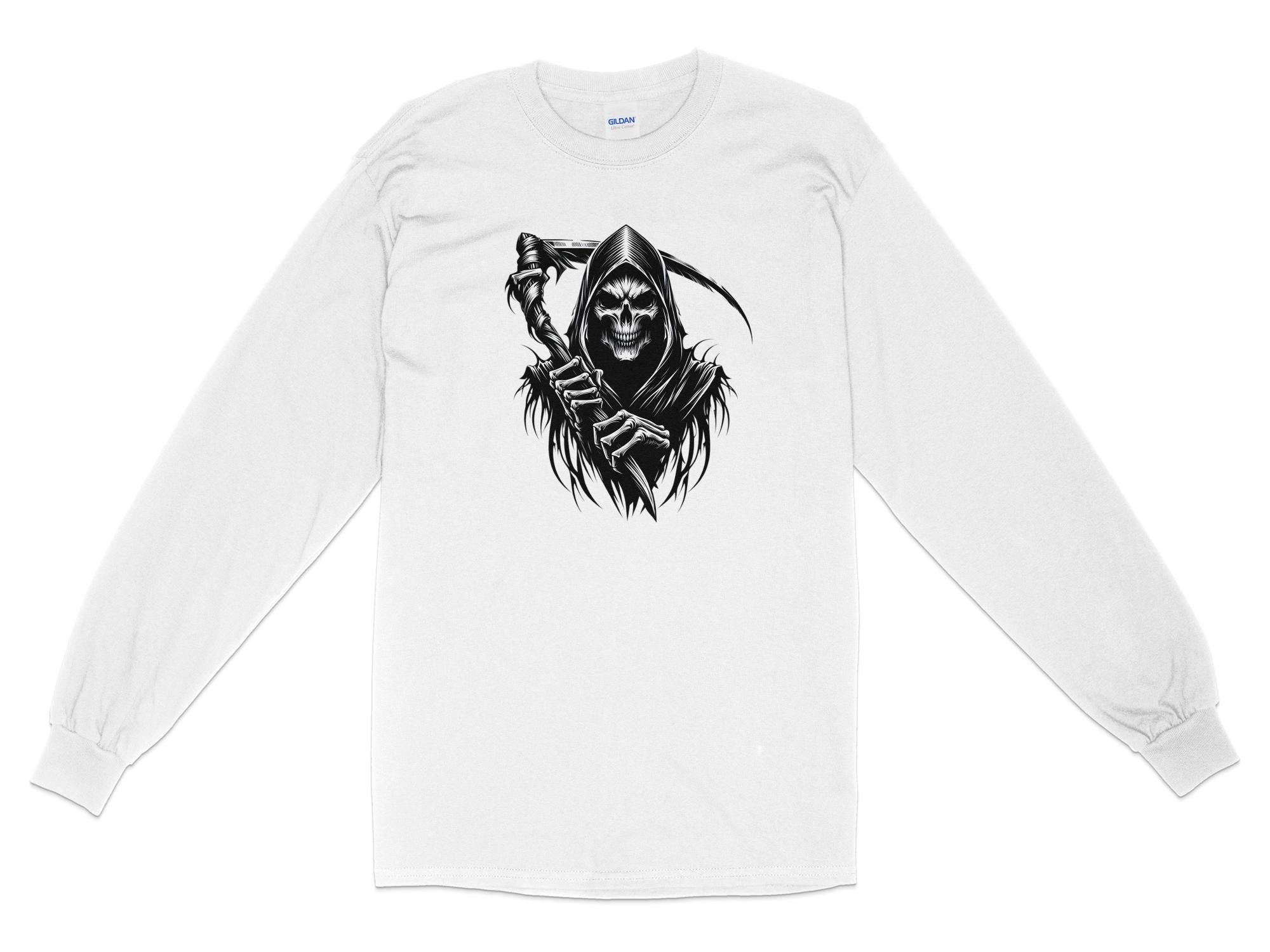 Grim Reaper - Black White Gildan Long Sleeve Commemorative Talisman Unisex Tee Graphic Design