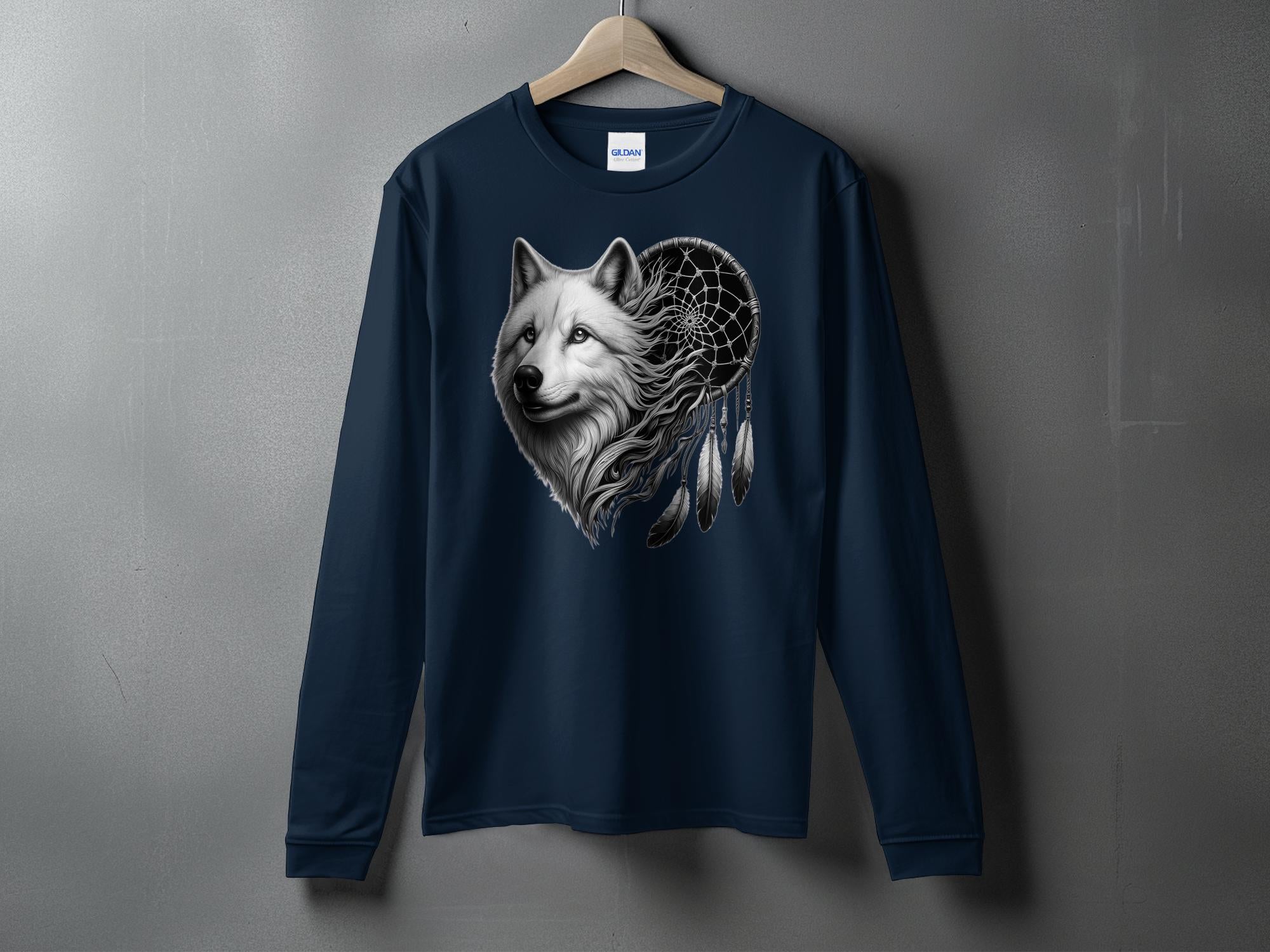 Dreamcatcher Wolf - Coloured Gildan Long Sleeve Realistic Native American Talisman Unisex Mythology Tee Graphic Design