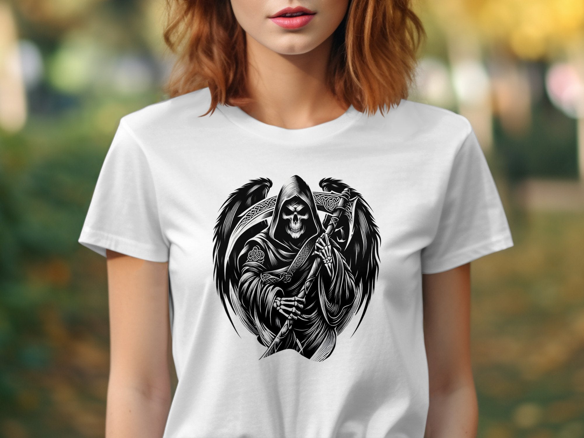 Grim Reaper - Black White Gildan T-Shirt Commemorative Talisman Unisex Tee Graphic Design