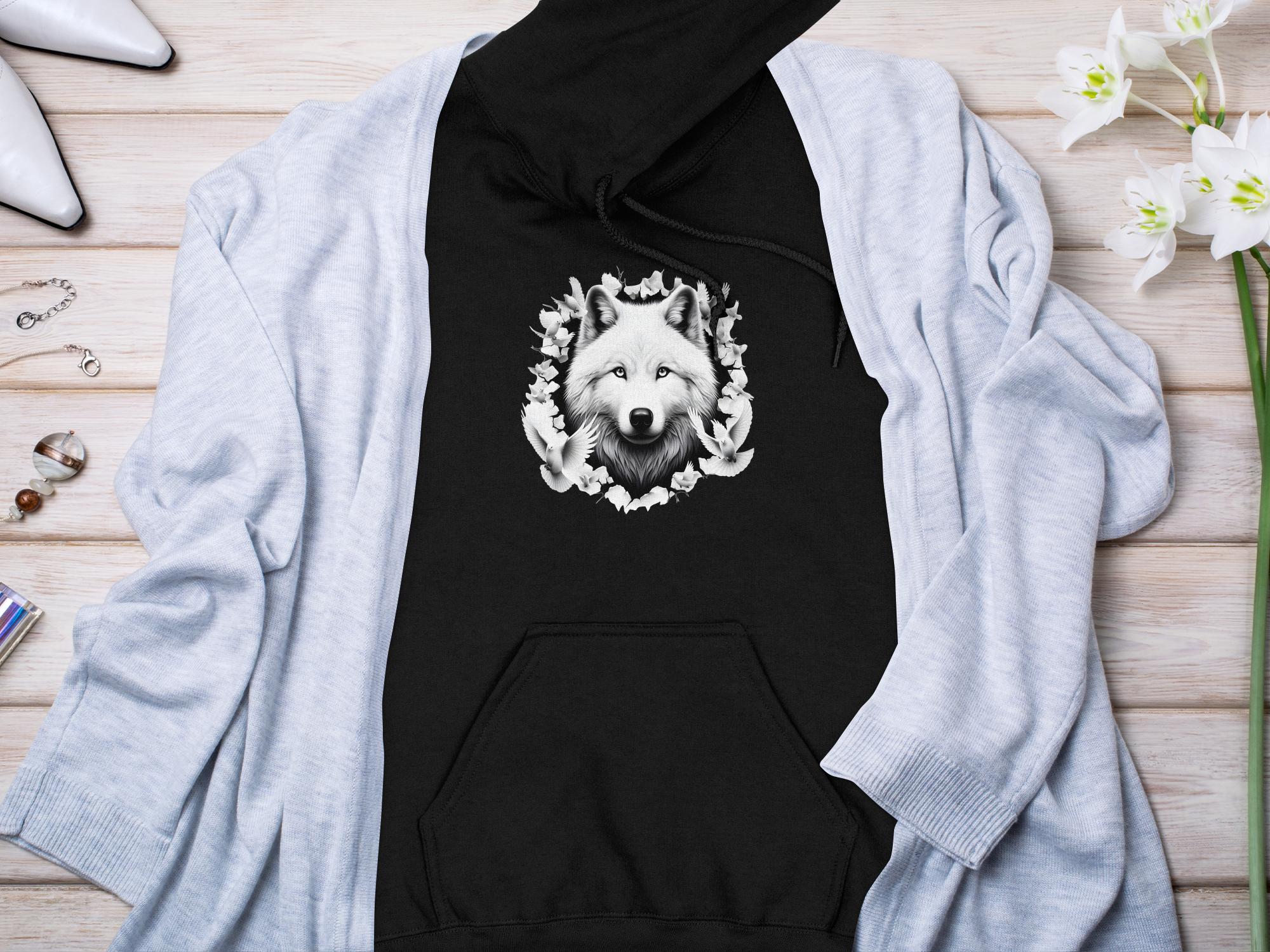 Wolf x Doves - Black White Gildan Hoodie Realistic Animal Talisman Unisex Tee Graphic Design