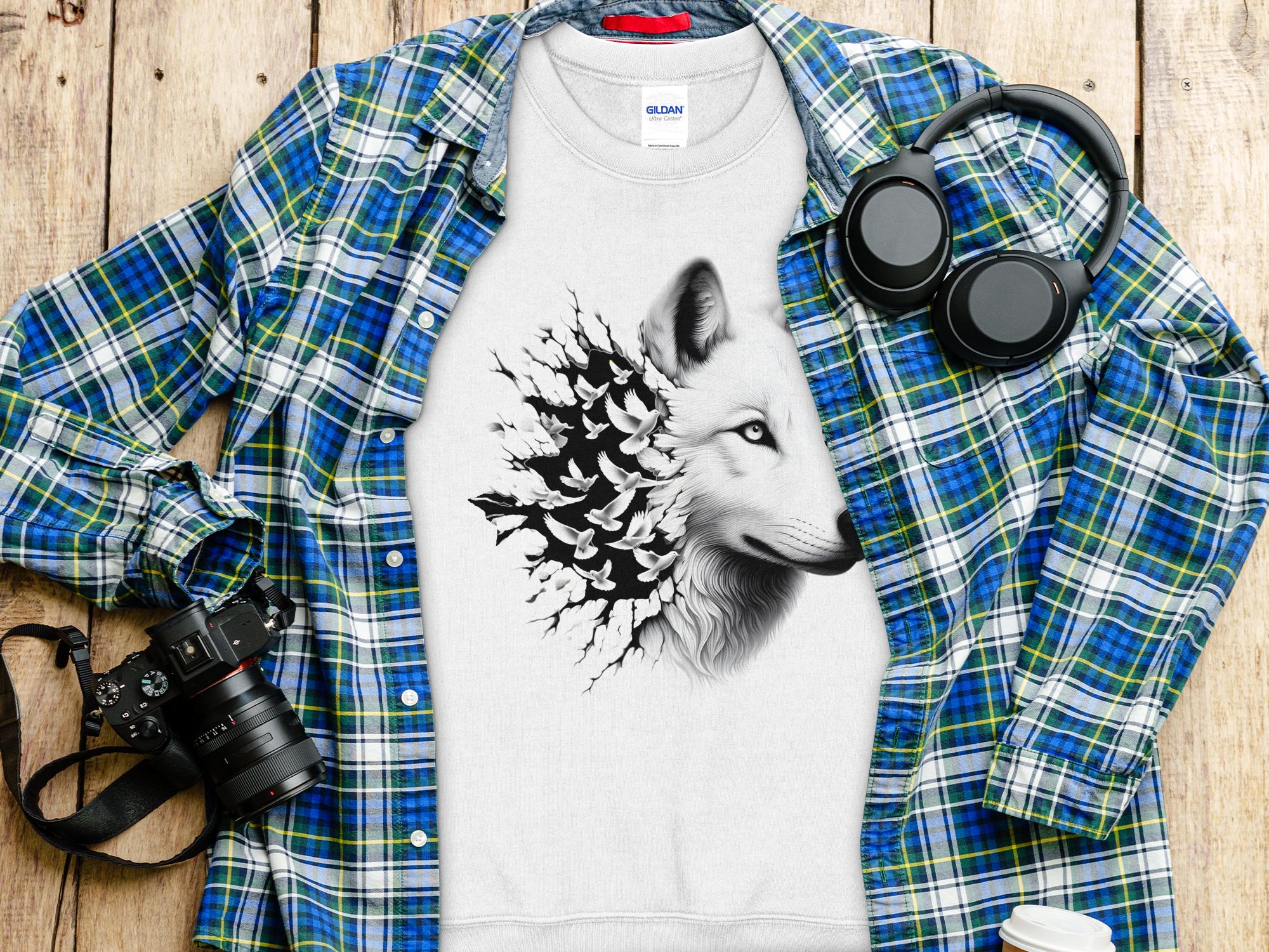 Wolf x Doves - Black White Gildan Sweatshirt Realistic Animal Talisman Unisex Tee Graphic Design