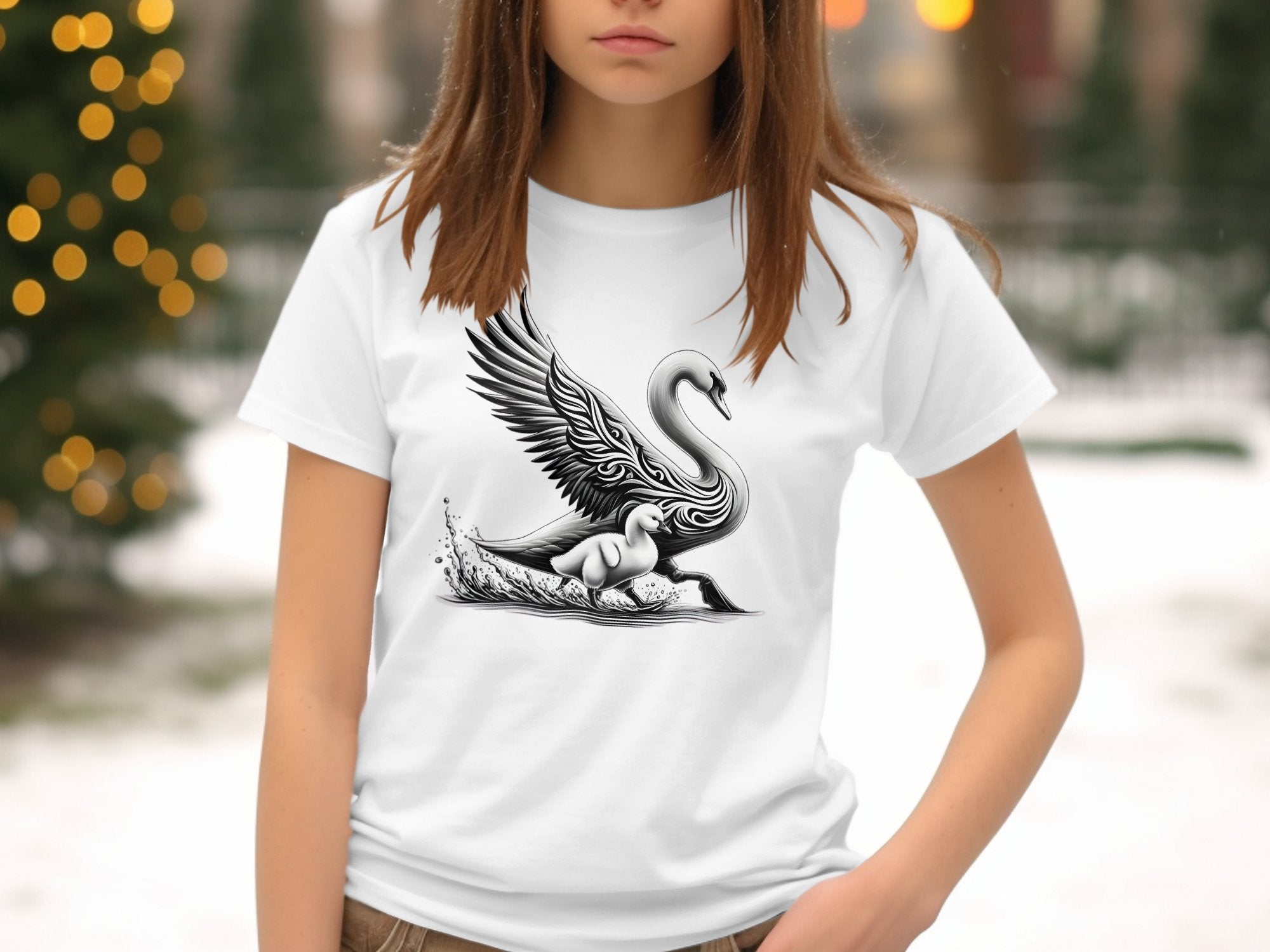 Swan & Cygnet- Black White Gildan Kids T-Shirt Realistic Family Talisman Unisex Tee Graphic Design