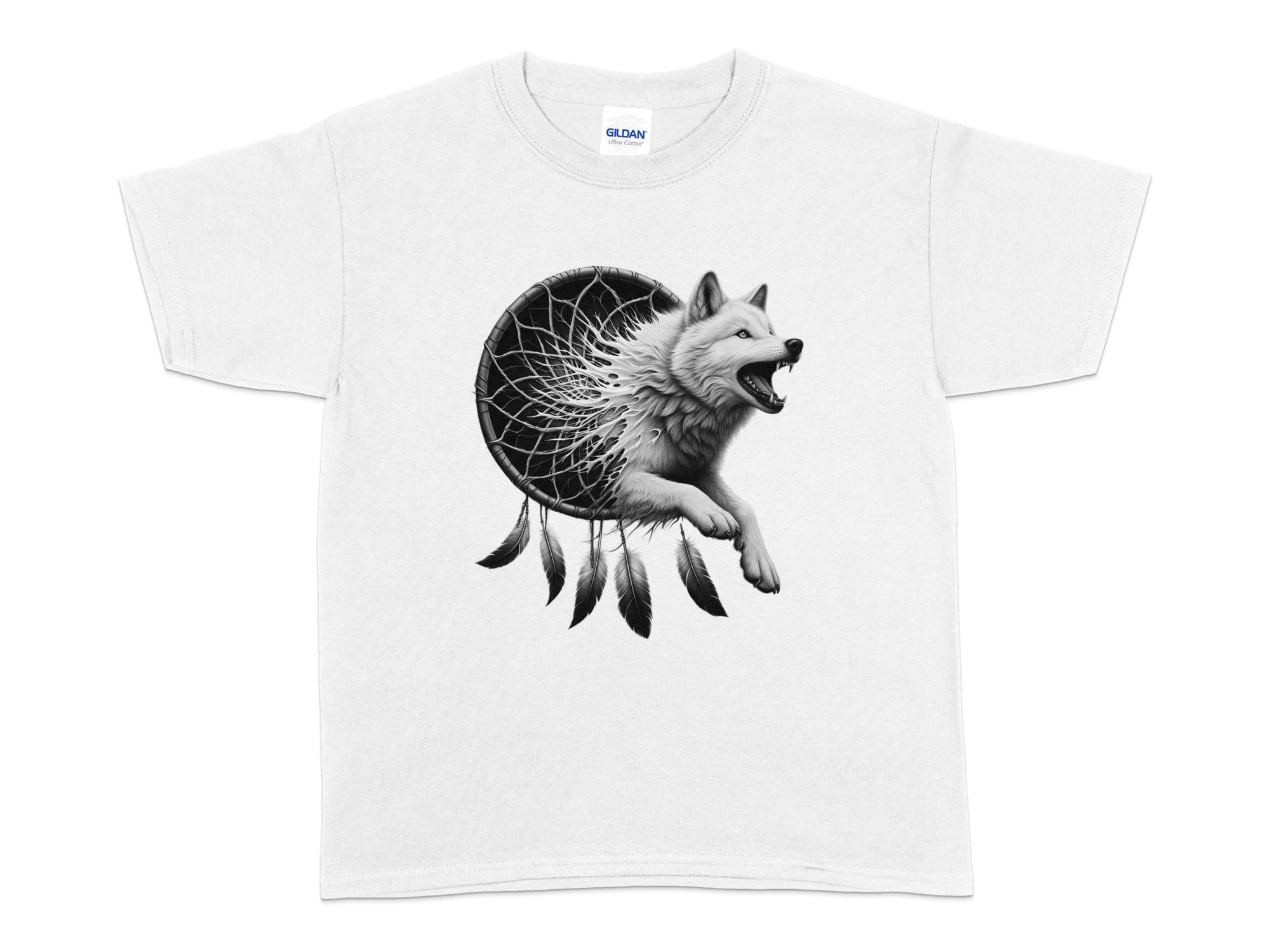 Dreamcatcher Wolf - Coloured Gildan Kids T-Shirt Realistic Native American Talisman Unisex Mythology Tee Graphic Design