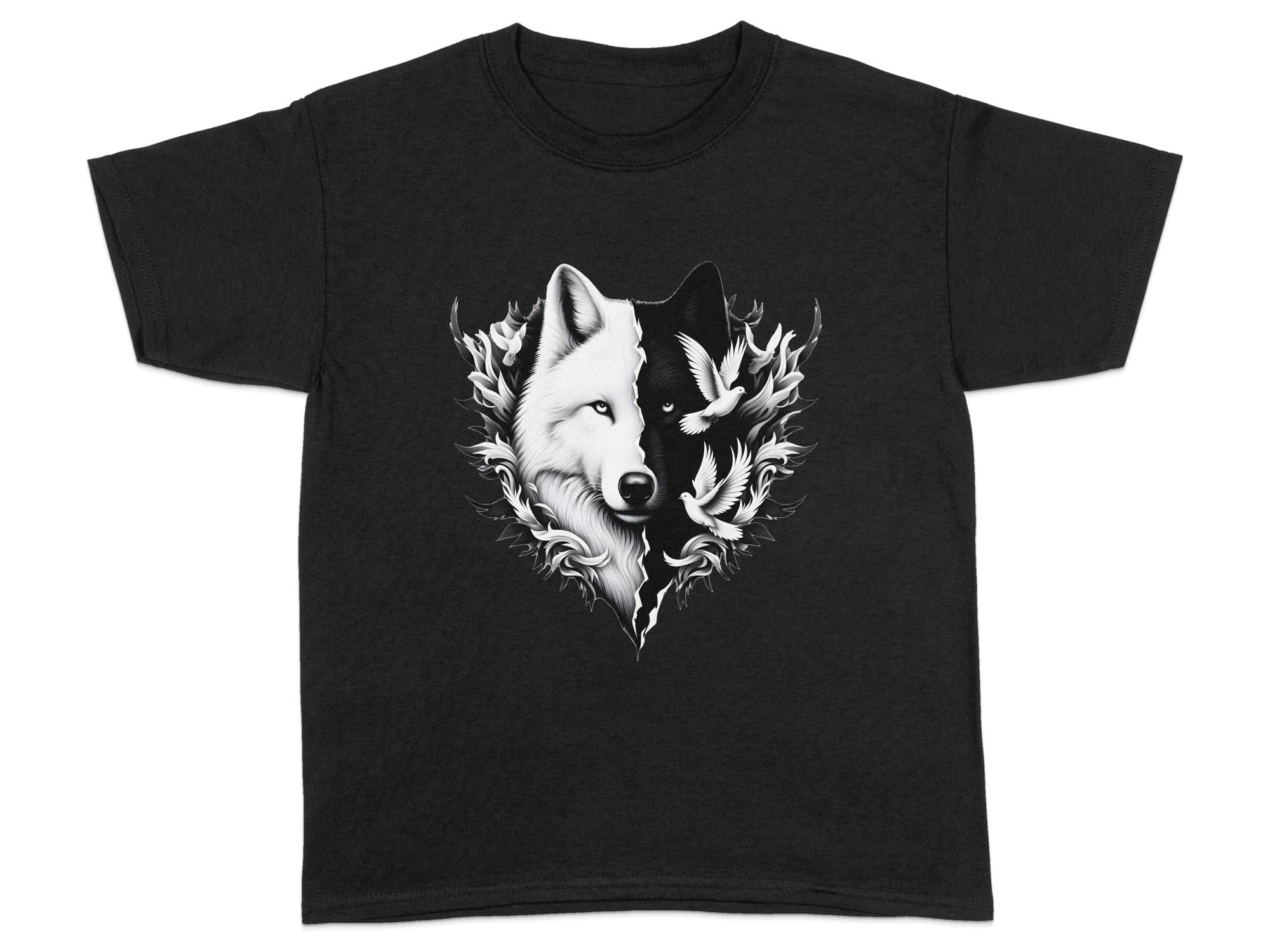 Wolf x Doves - Black White Gildan Kids T-Shirt Realistic Animal Talisman Unisex Tee Graphic Design