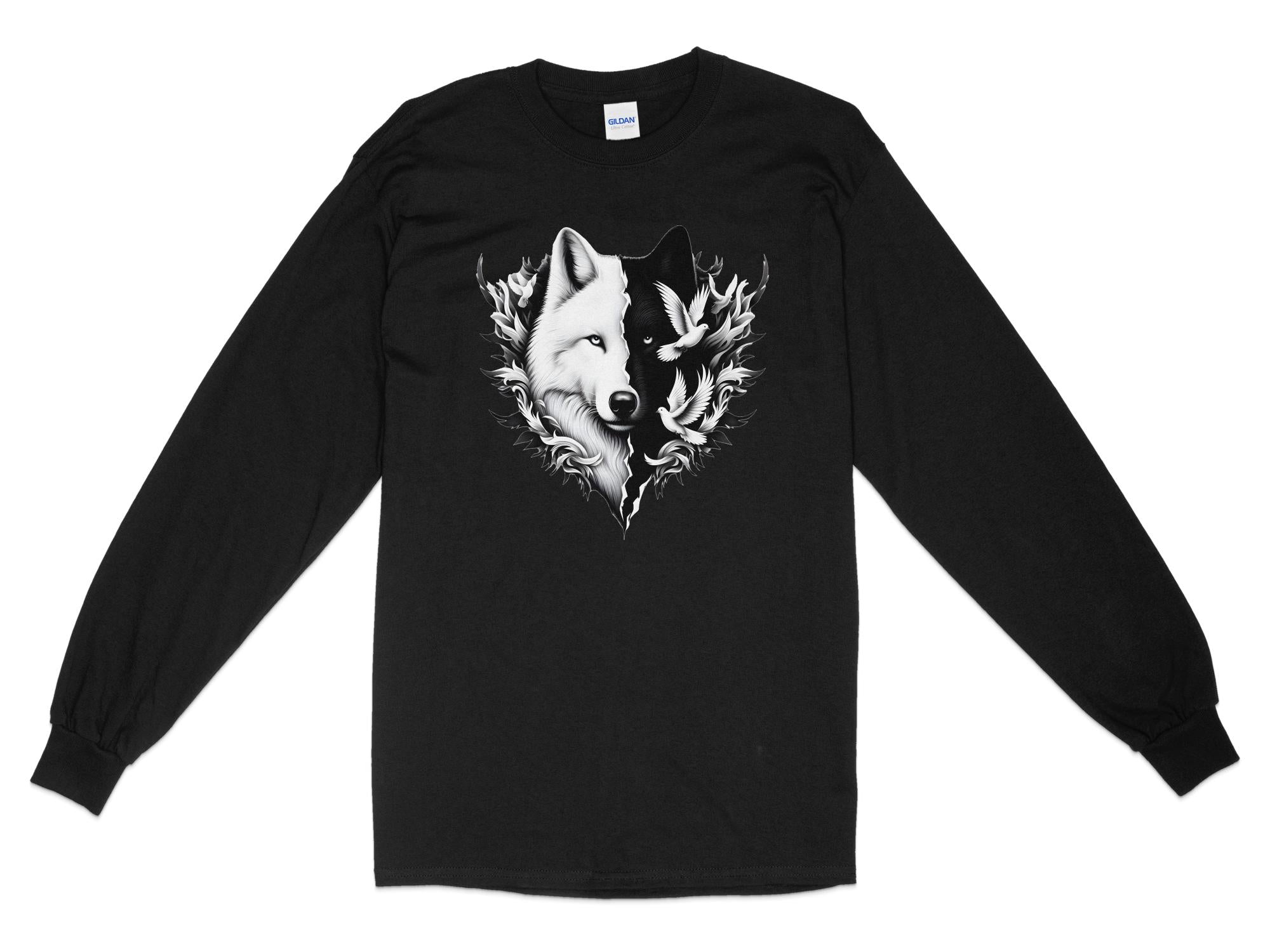 Wolf x Doves - Black White Gildan Long Sleeve Realistic Animal Talisman Unisex Tee Graphic Design